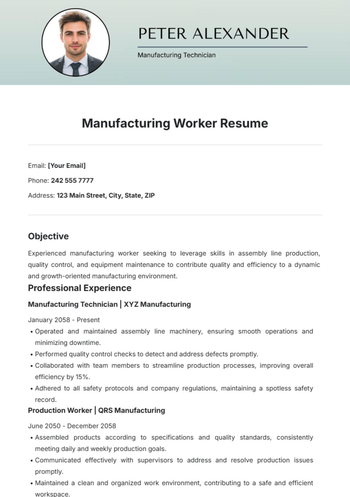 Manufacturing Worker Resume Template - Edit Online & Download