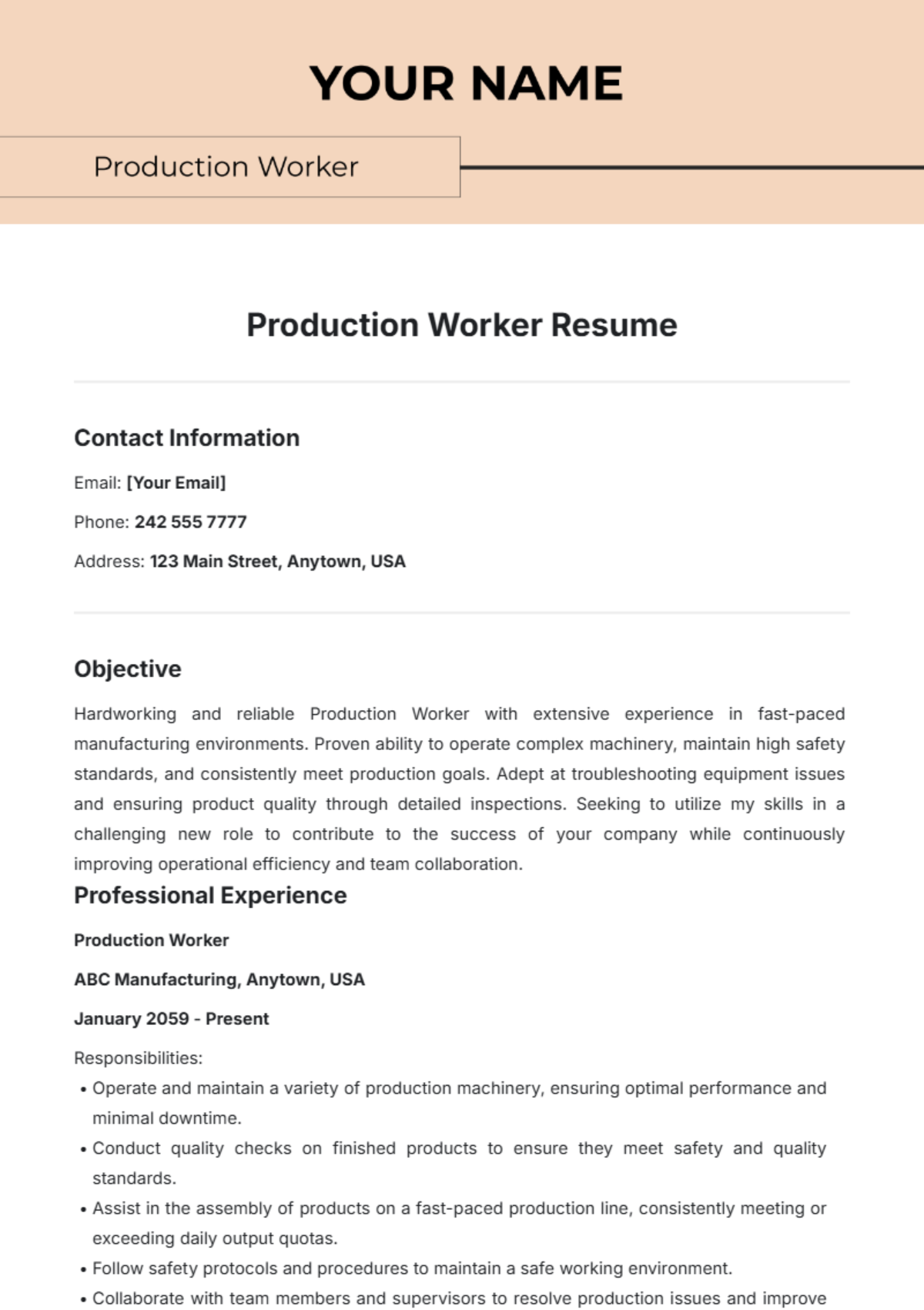 Production Worker Resume Template - Edit Online & Download