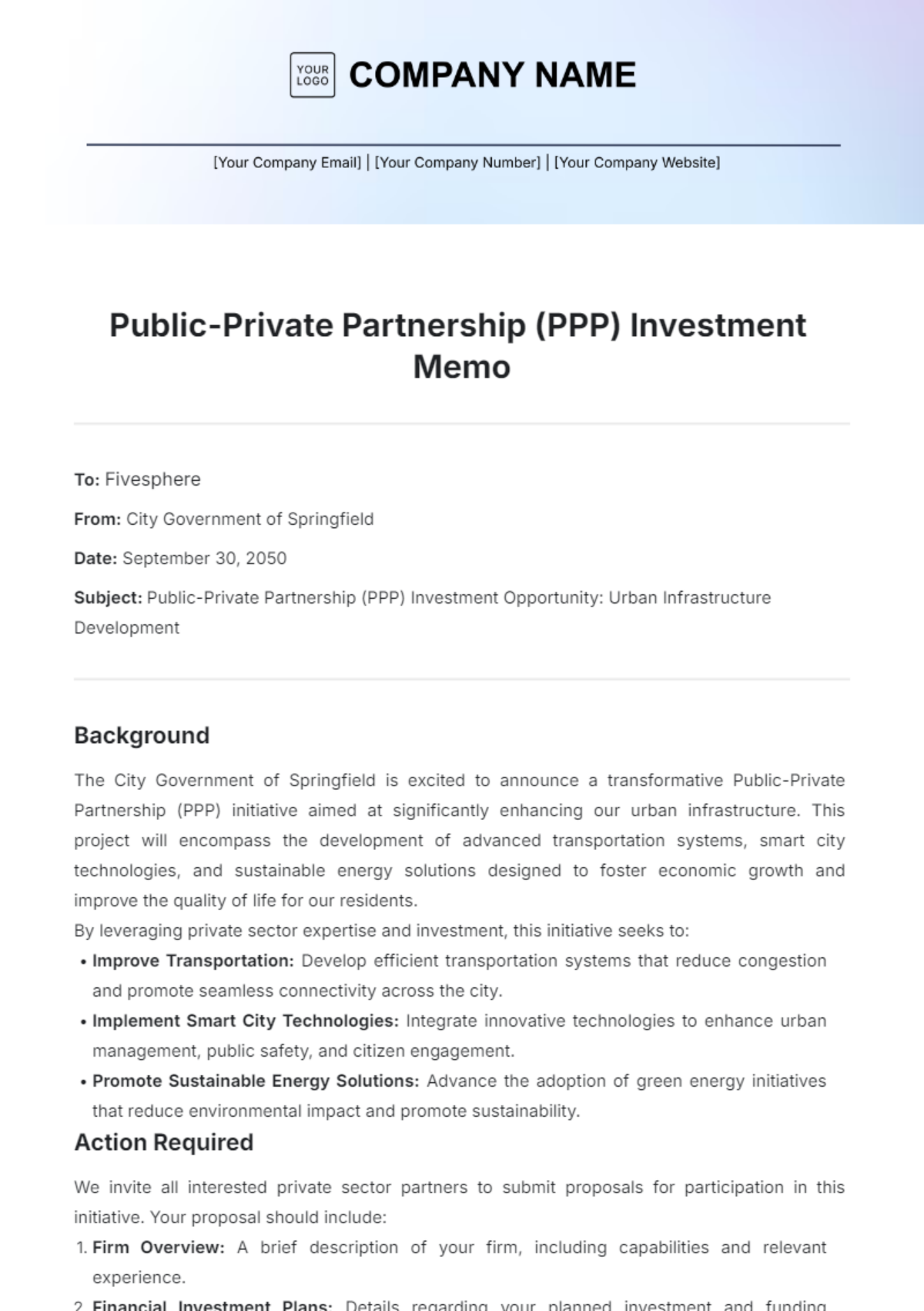 Public-Private Partnership (PPP) Investment Memo Template - Edit Online & Download