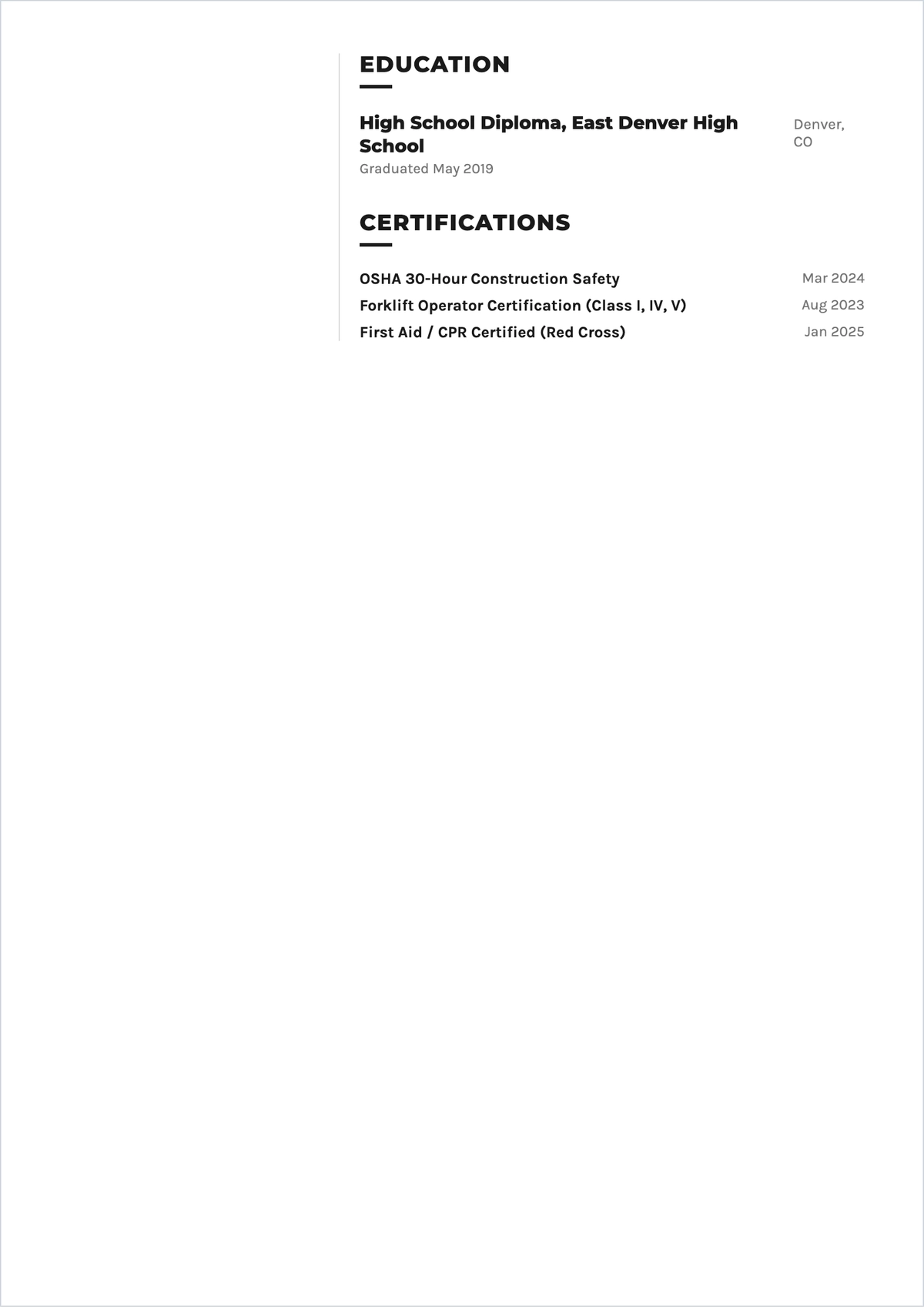 Free General Laborer ATS Resume Template, AI Resume Builder