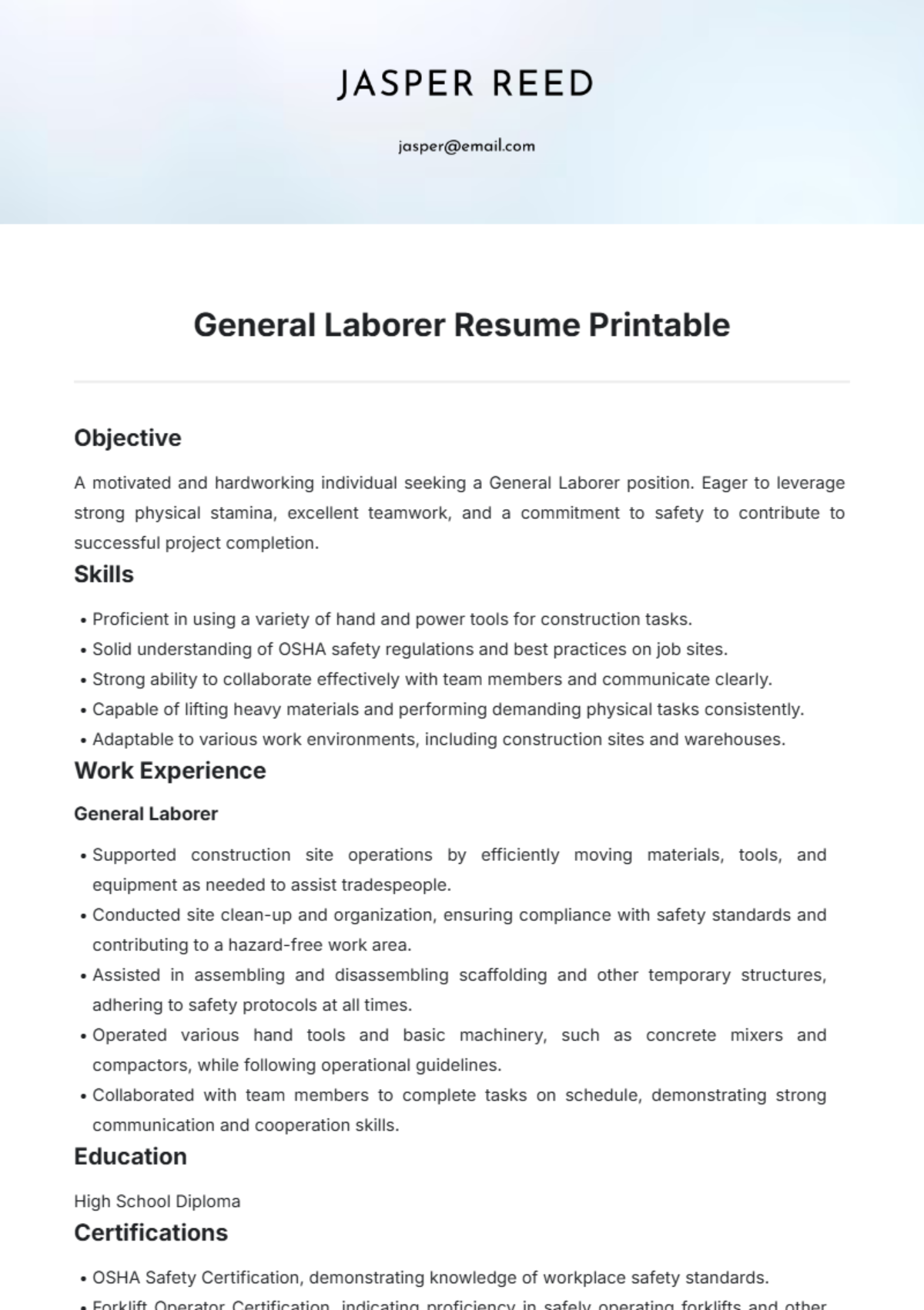 General Laborer Resume Printable Template - Edit Online & Download