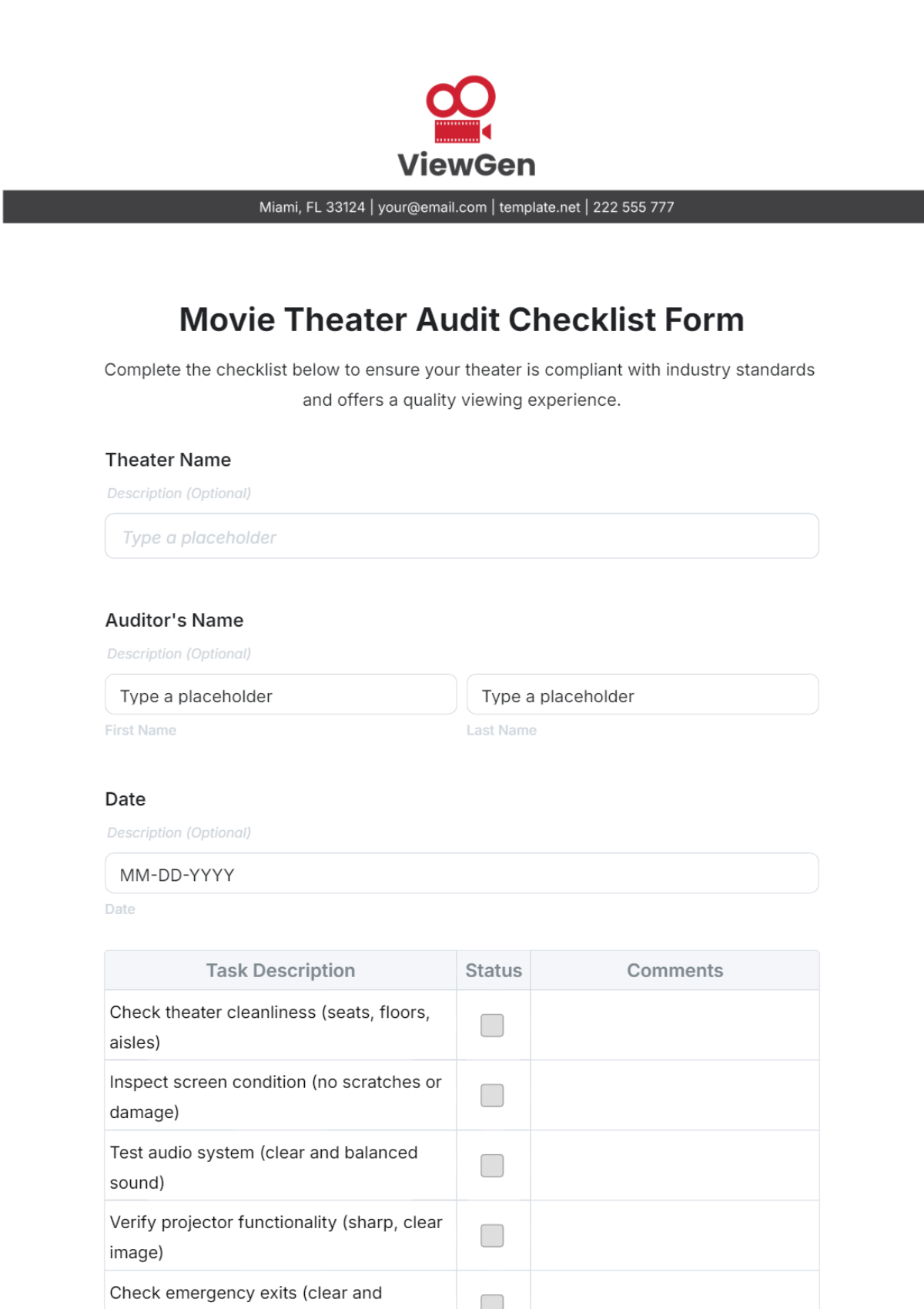 Movie Theater Audit Checklist Form Template - Edit Online & Download