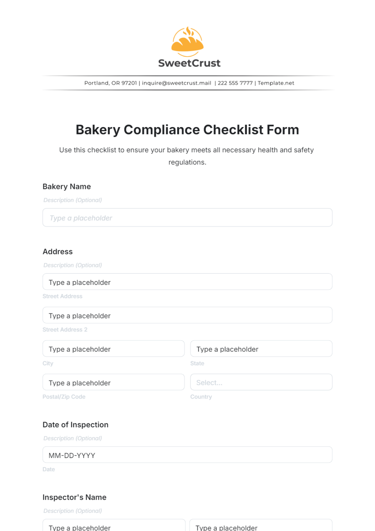 Bakery Compliance Checklist Form Template