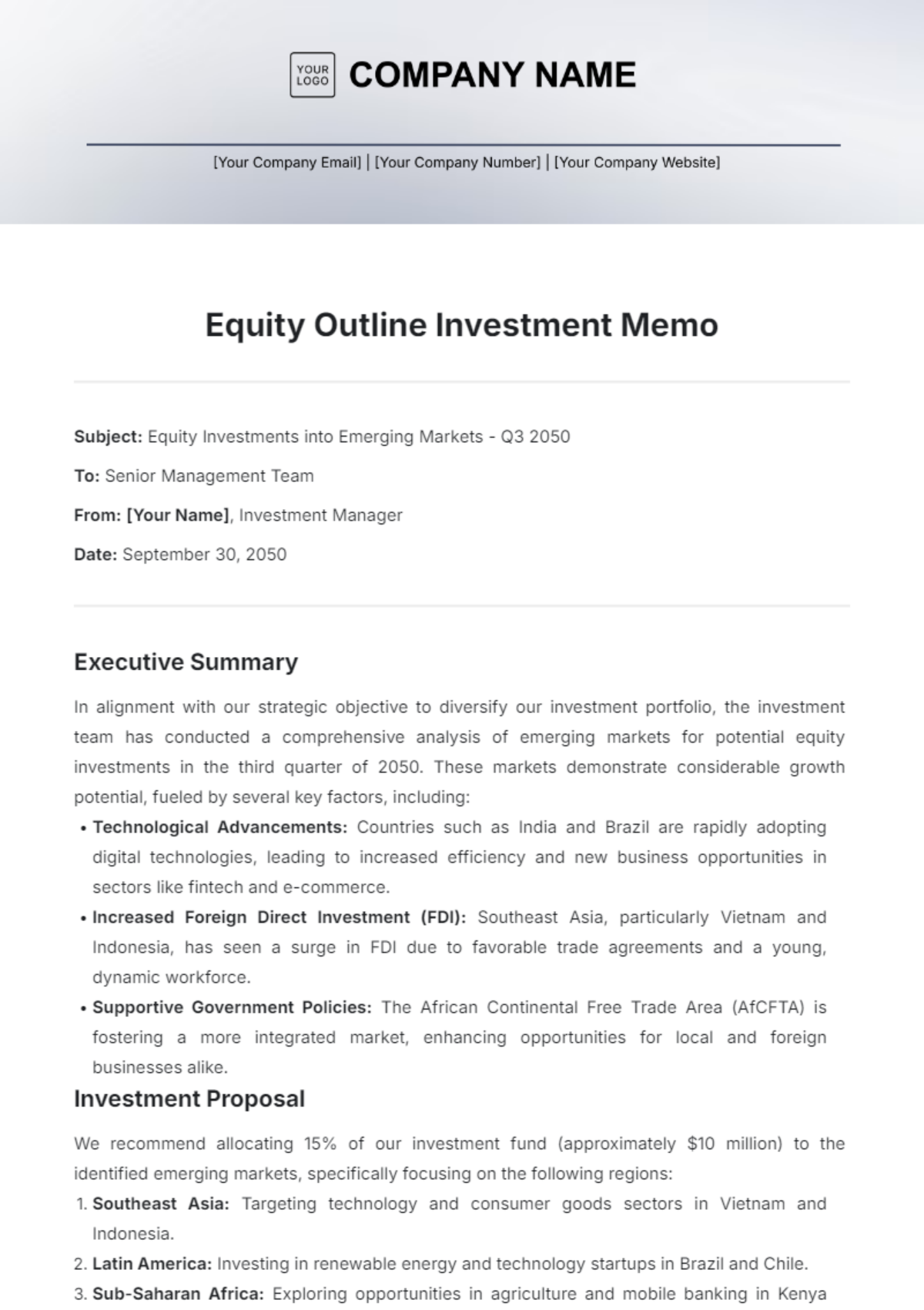 Equity Outline Investment Memo Template - Edit Online & Download