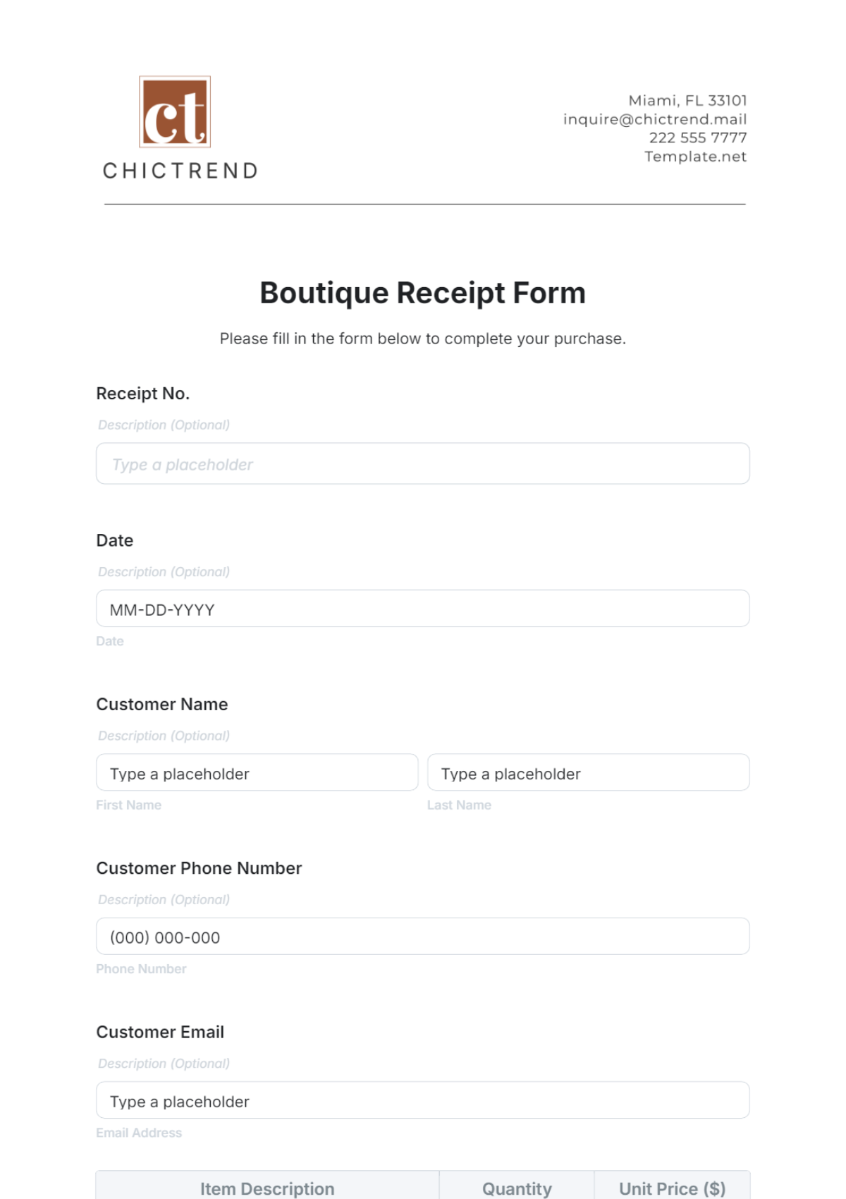 Boutique Receipt Form Template - Edit Online & Download