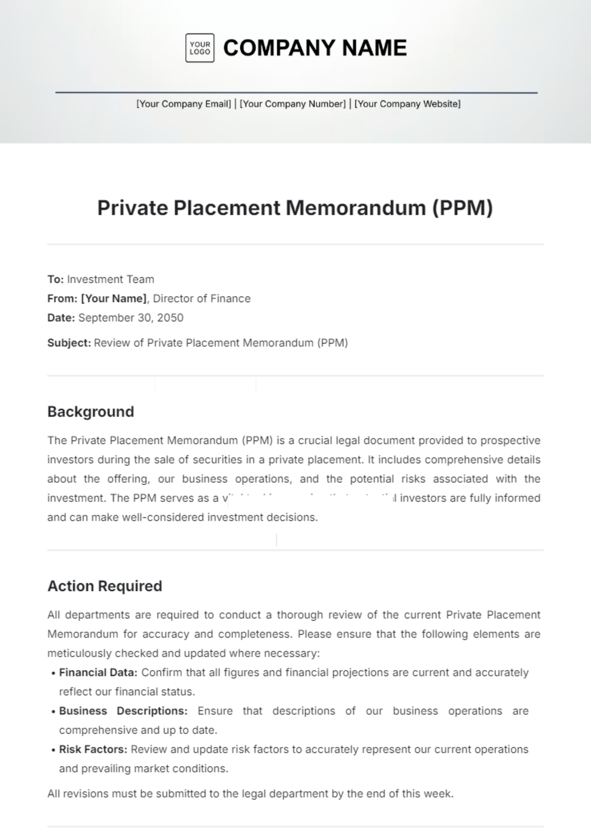 Private Placement Memorandum (PPM) Template - Edit Online & Download