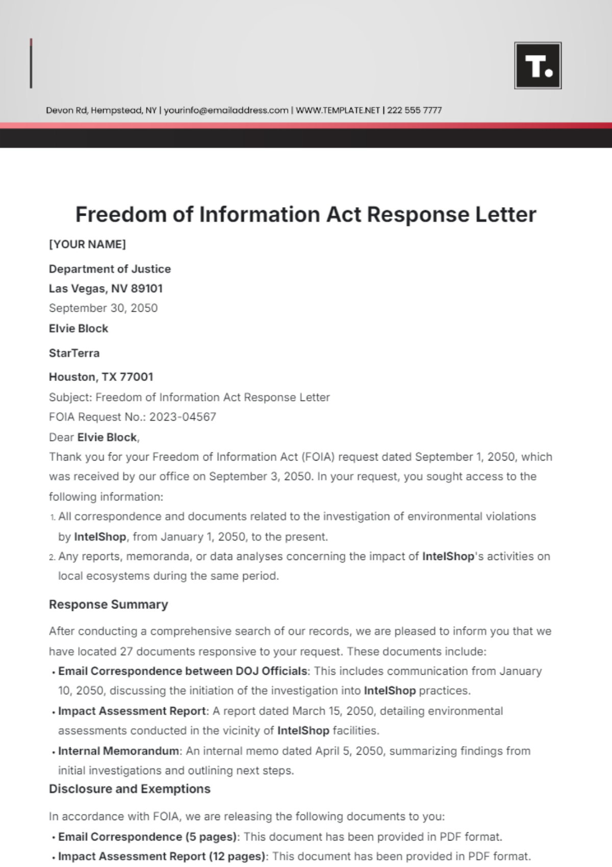 Freedom of Information Act Response Letter Template - Edit Online ...