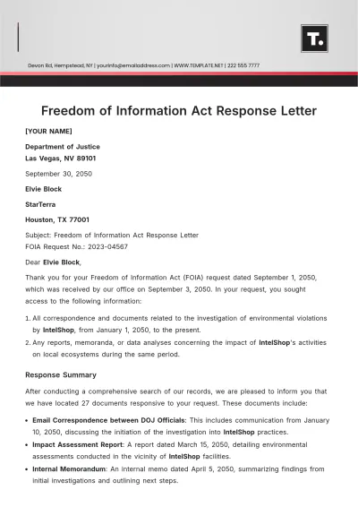Free Freedom of Information Act Response Letter Template to Edit Online