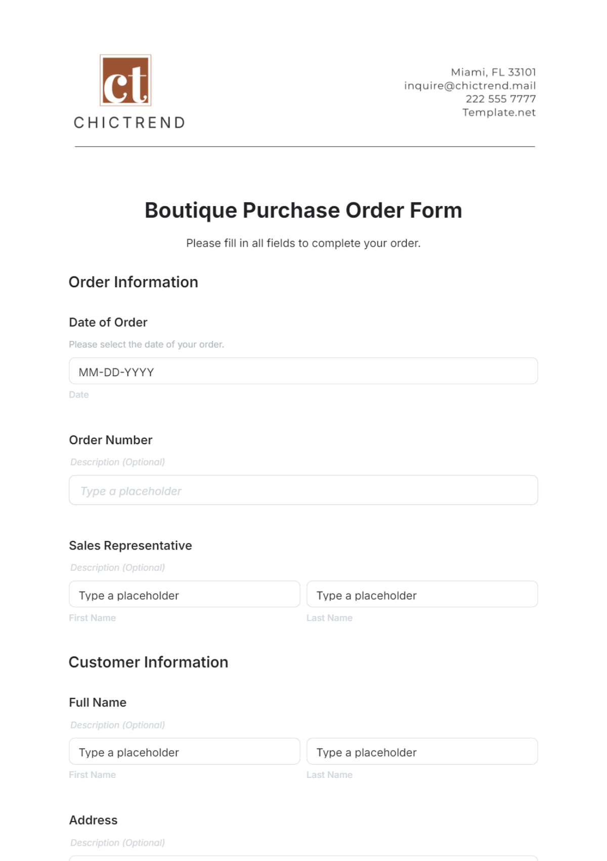 Boutique Purchase Order Form Template - Edit Online & Download