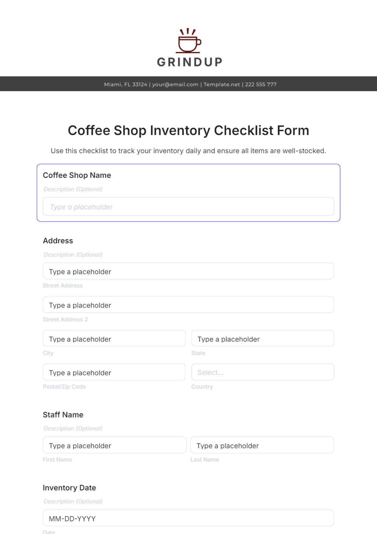 Coffee Shop Inventory Checklist Form Template