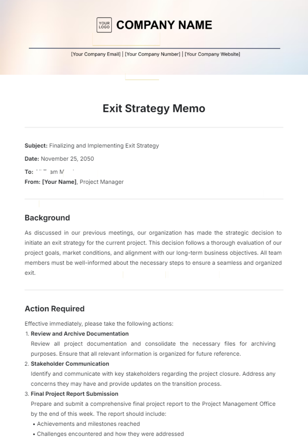 Exit Strategy Memo Layout Template - Edit Online & Download