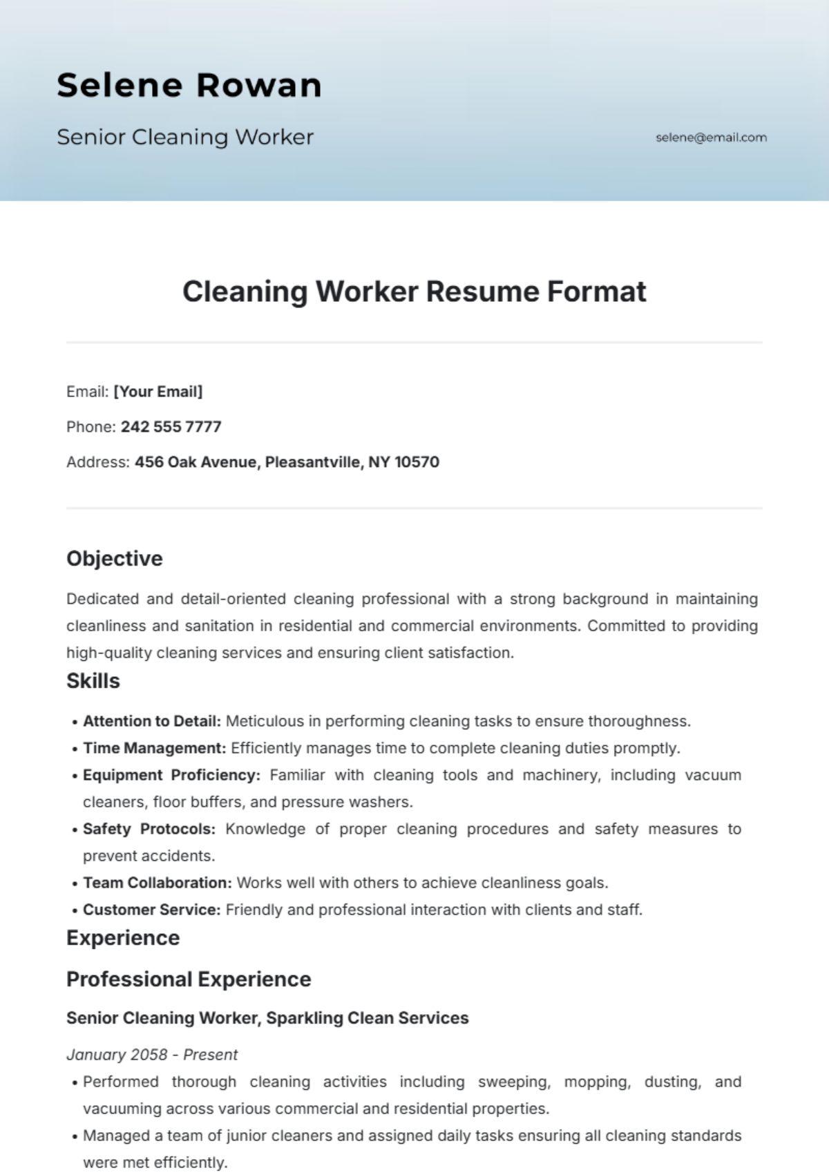 Cleaning Worker Resume Format Template - Edit Online & Download