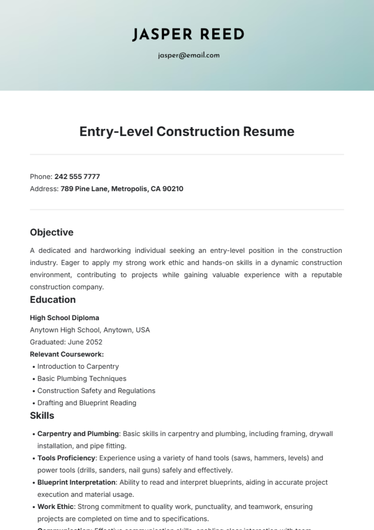 Entry-Level Construction Resume Template - Edit Online & Download