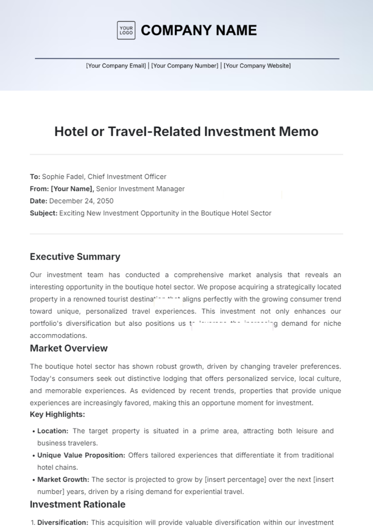 Hotel or Travel-Related Investment Memo Template - Edit Online & Download