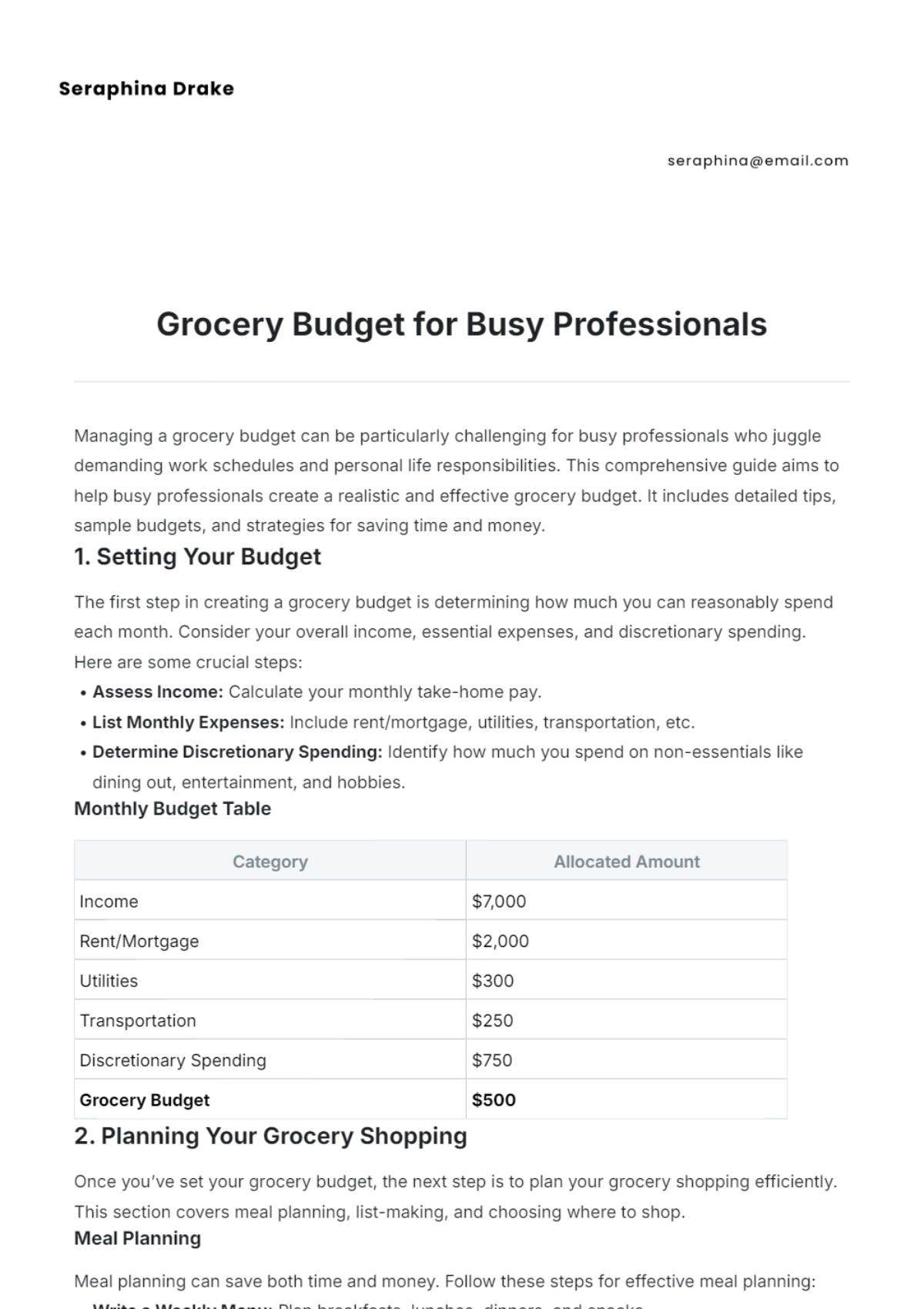 Grocery Budget for Busy Professionals Template - Edit Online & Download