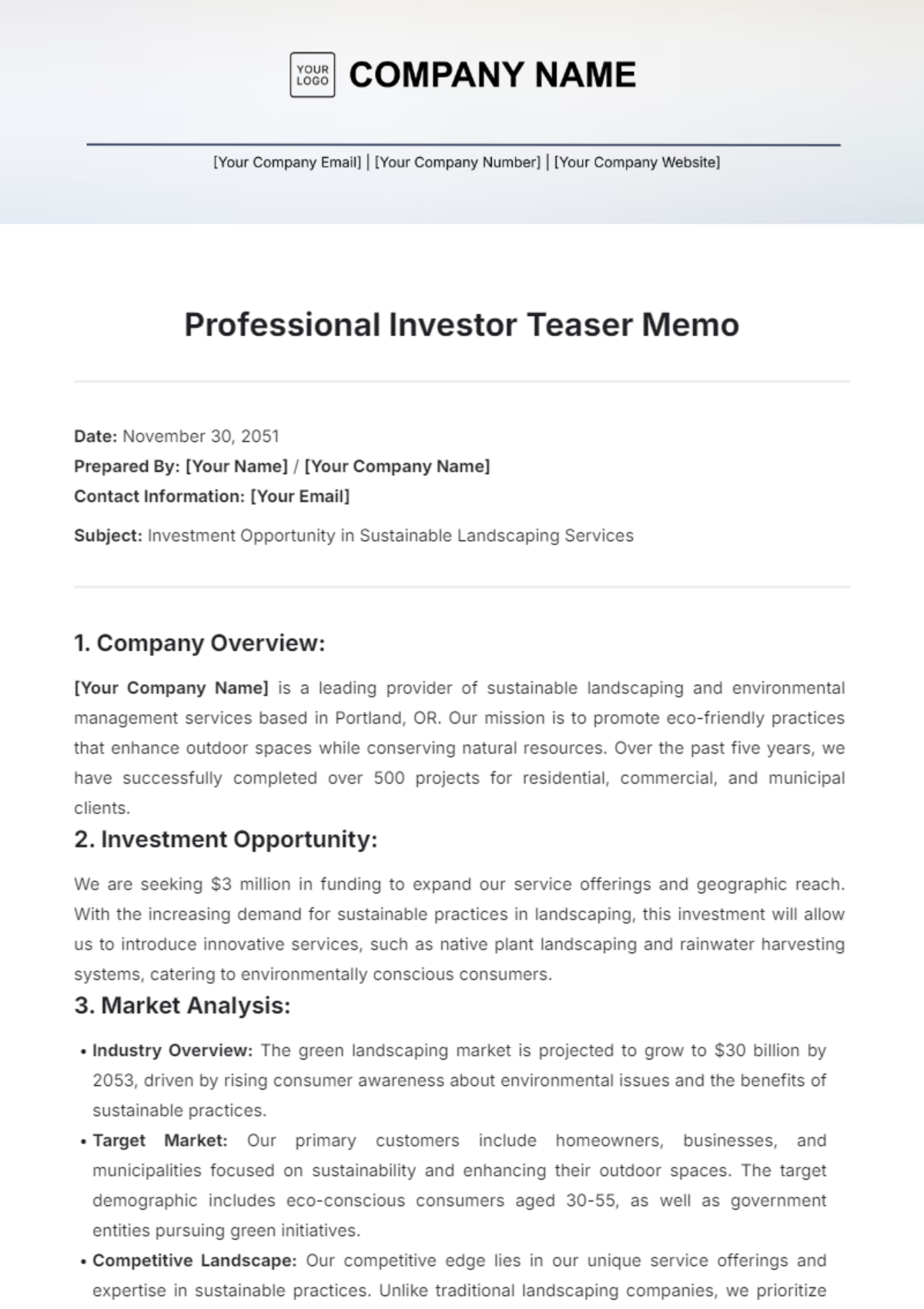 Professional Investor Teaser Memo Template - Edit Online & Download