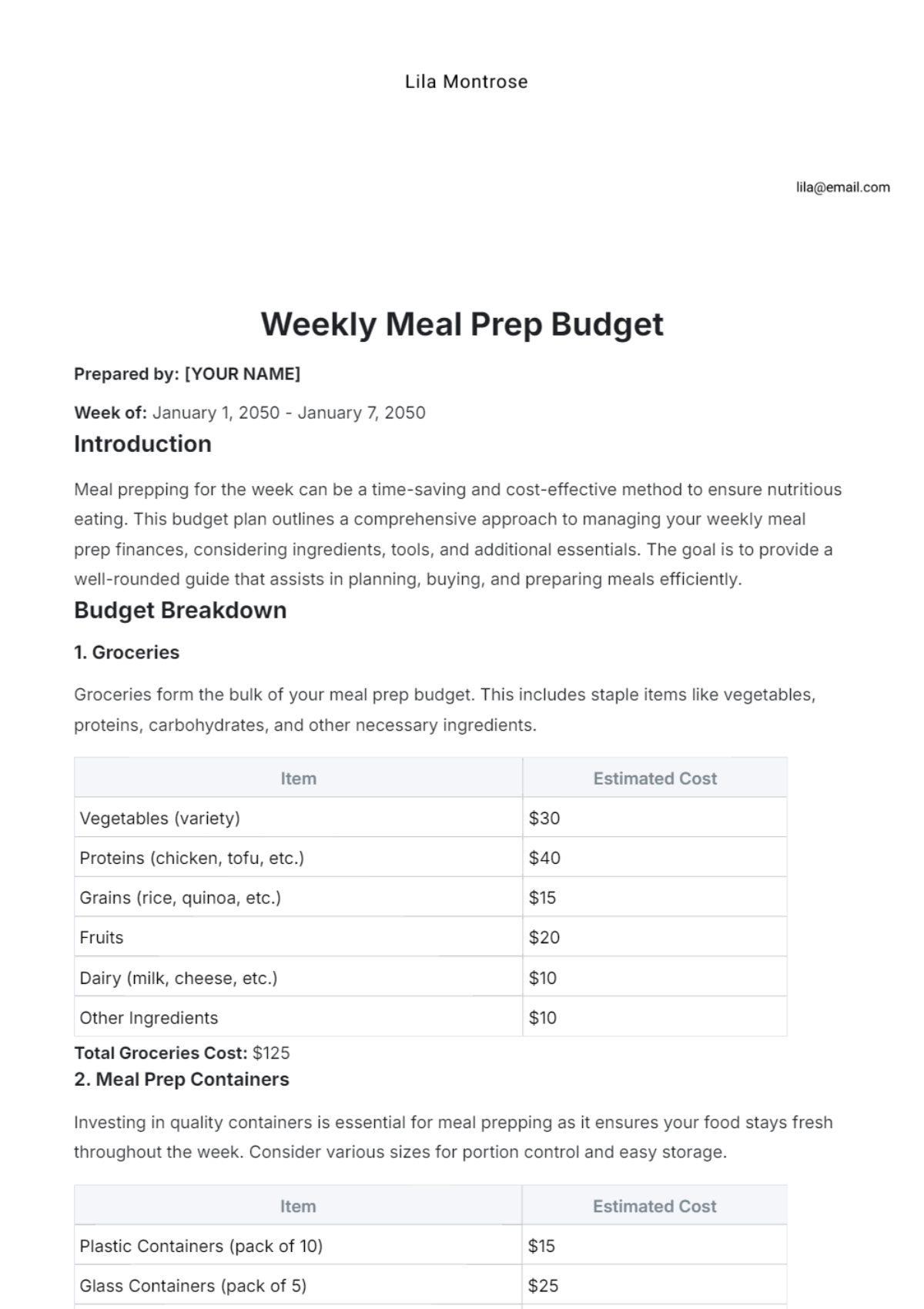 Weekly Meal Prep Budget Template - Edit Online & Download