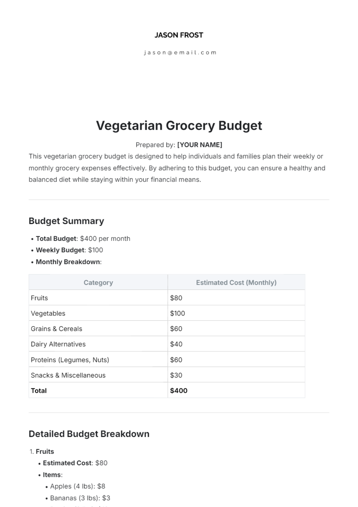 Vegetarian Grocery Budget Template - Edit Online & Download