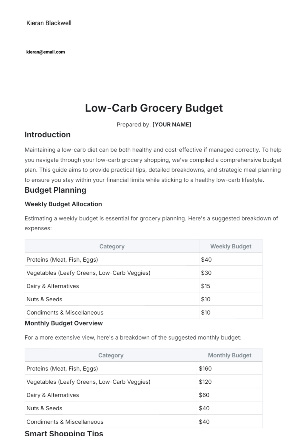 Low-Carb Grocery Budget Template - Edit Online & Download