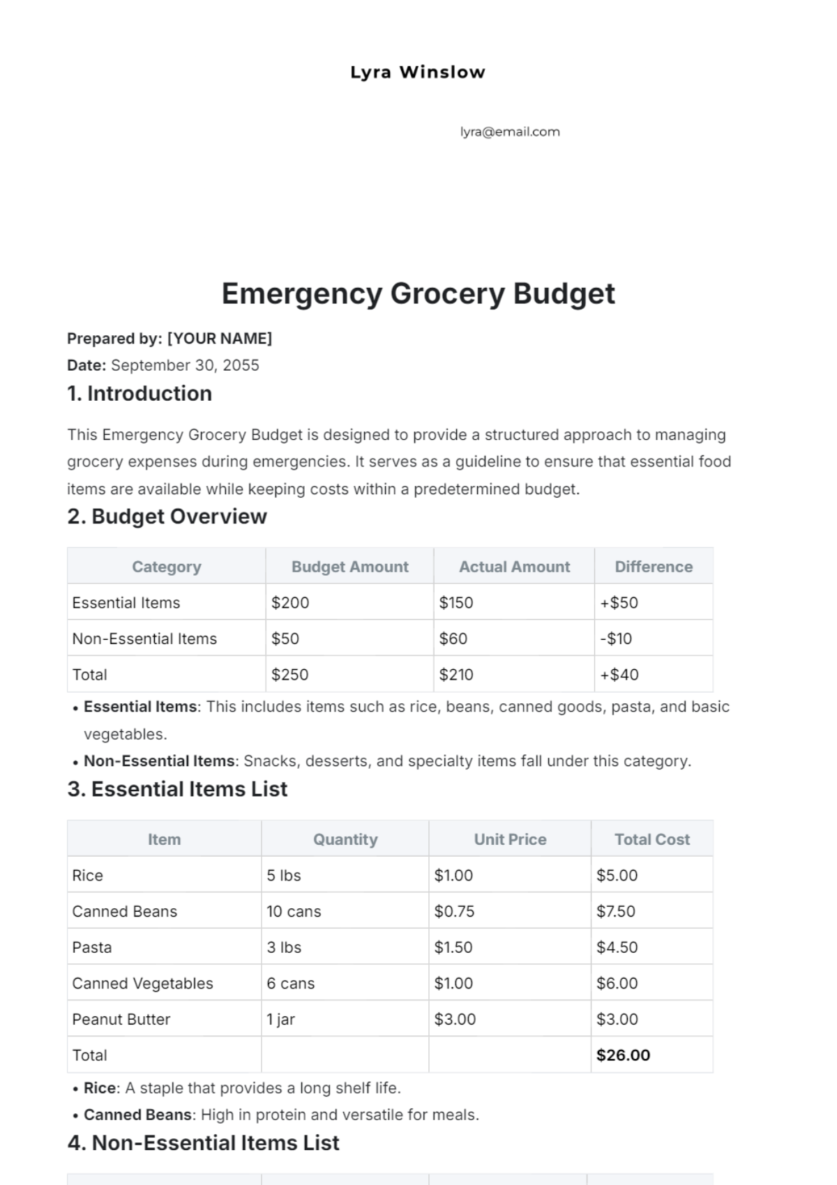 Emergency Grocery Budget Template - Edit Online & Download