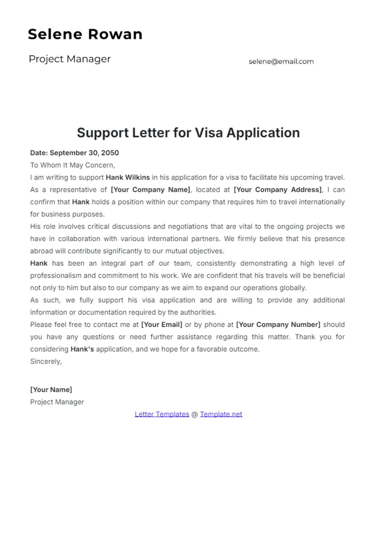 Support Letter for Visa Application Template - Edit Online & Download