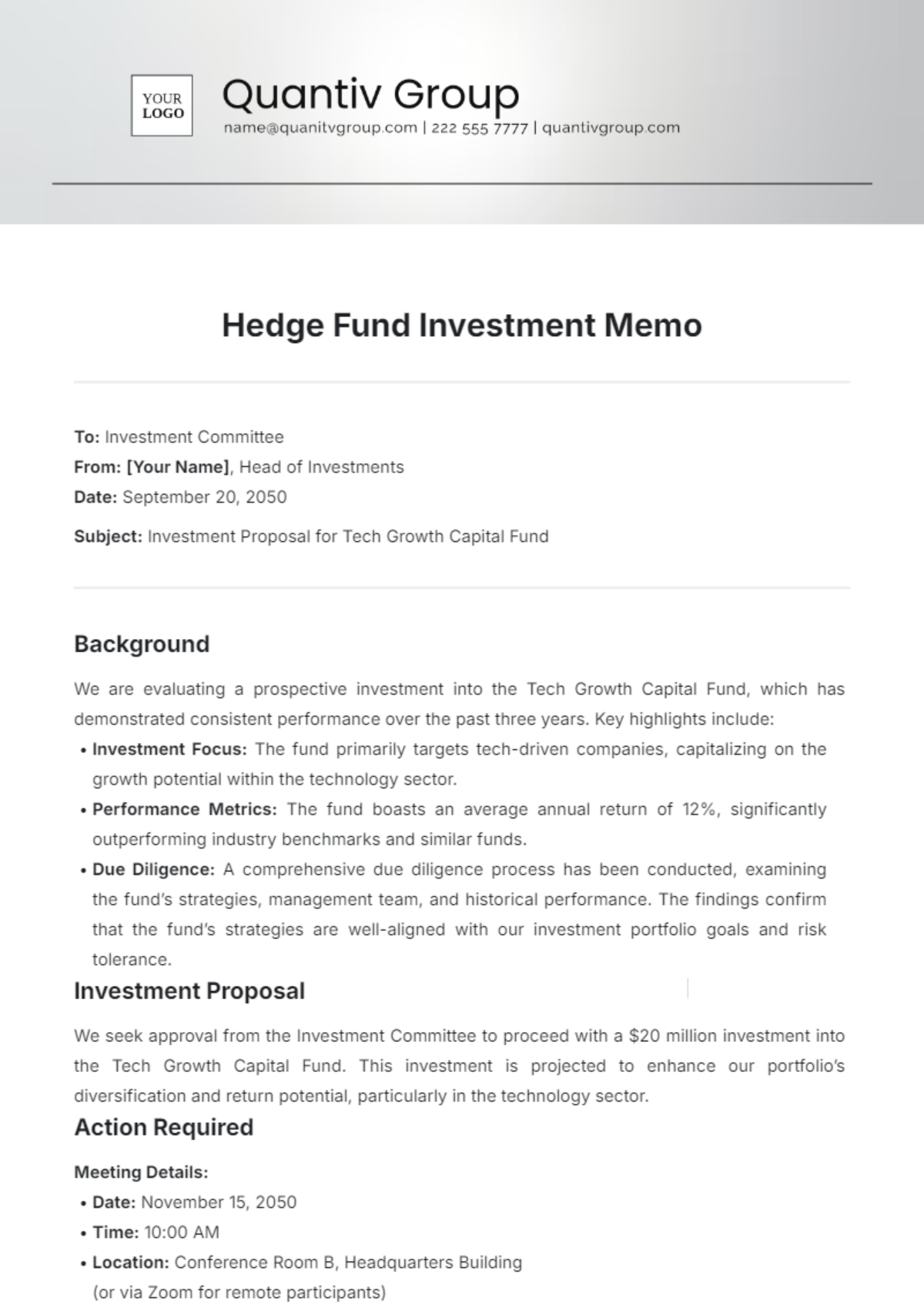 Hedge Fund Investment Memo Template - Edit Online & Download