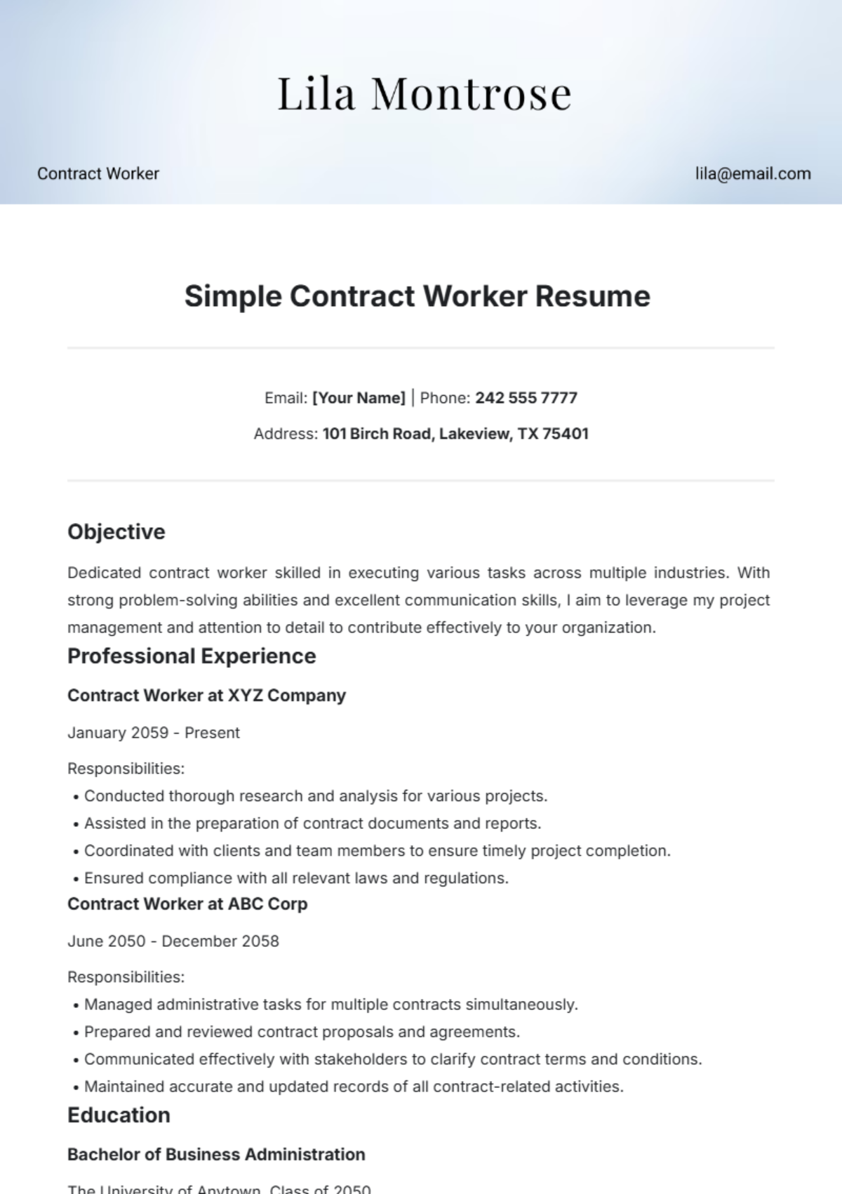 Simple Contract Worker Resume Template - Edit Online & Download