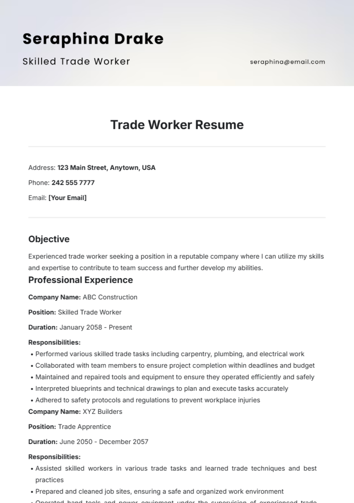 Trade Worker Resume Template - Edit Online & Download