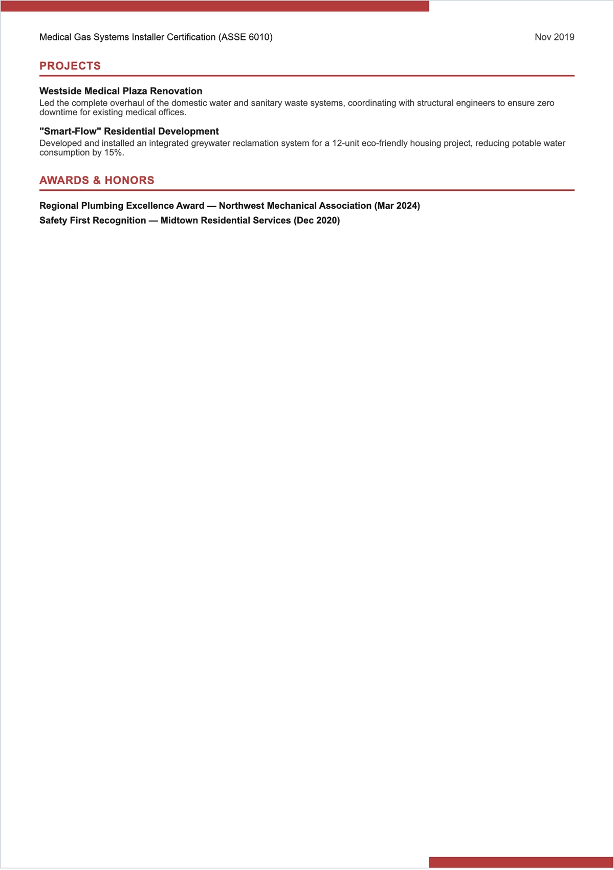 Free Professional Plumber ATS Resume Template, AI Resume Builder