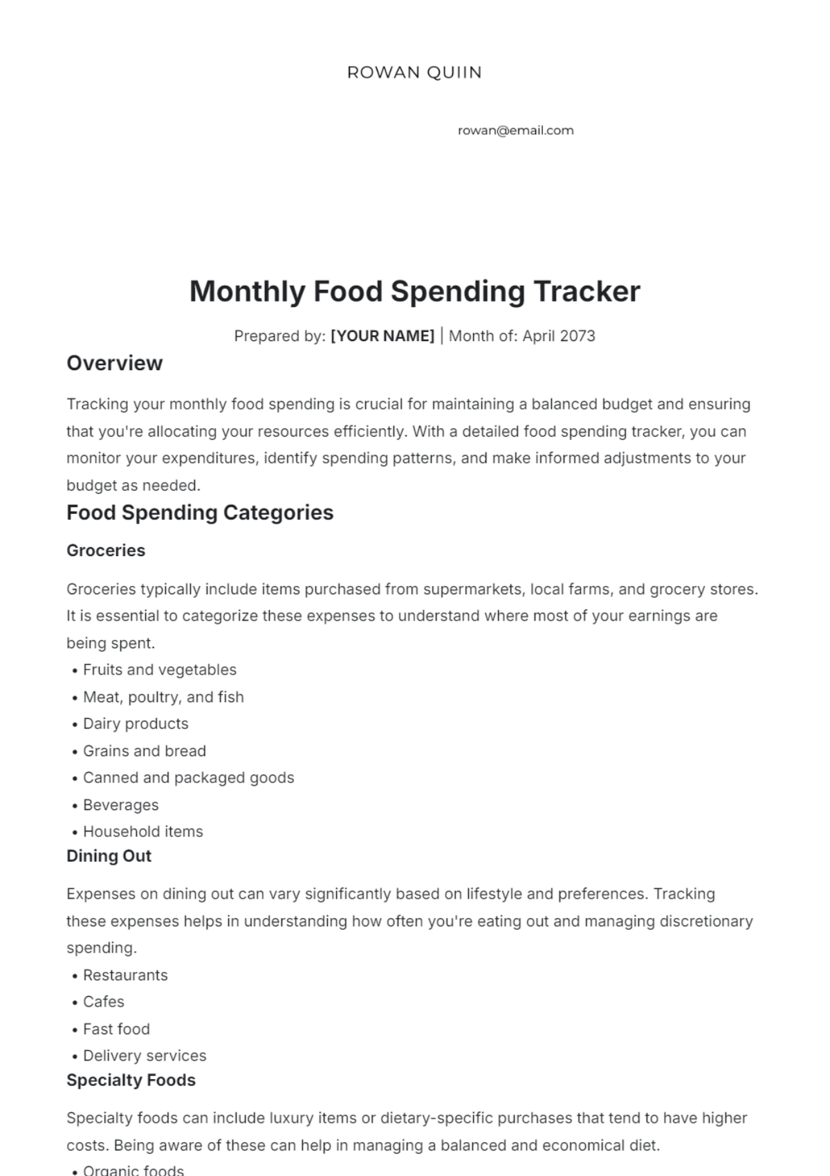 Monthly Food Spending Tracker Template - Edit Online & Download