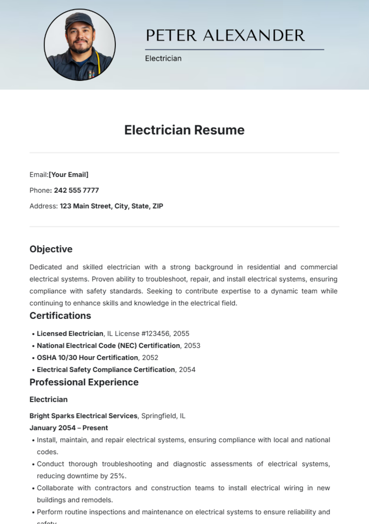 Electrician Resume Template - Edit Online & Download