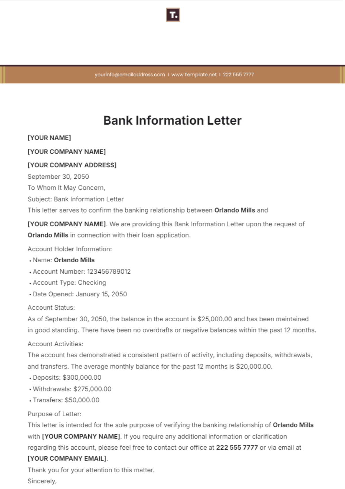 Bank Information Letter Template - Edit Online & Download