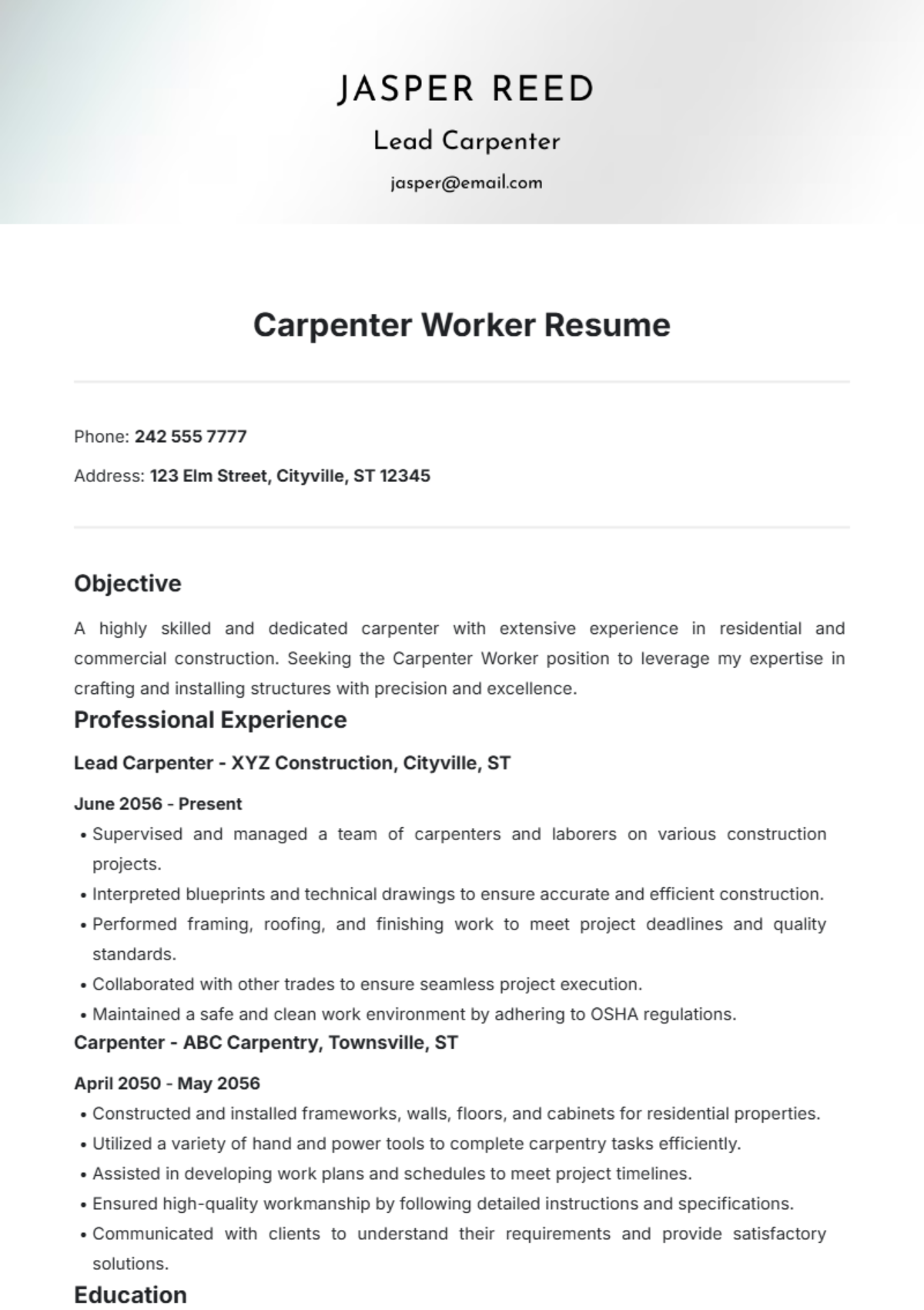 Carpenter Worker Resume Template - Edit Online & Download