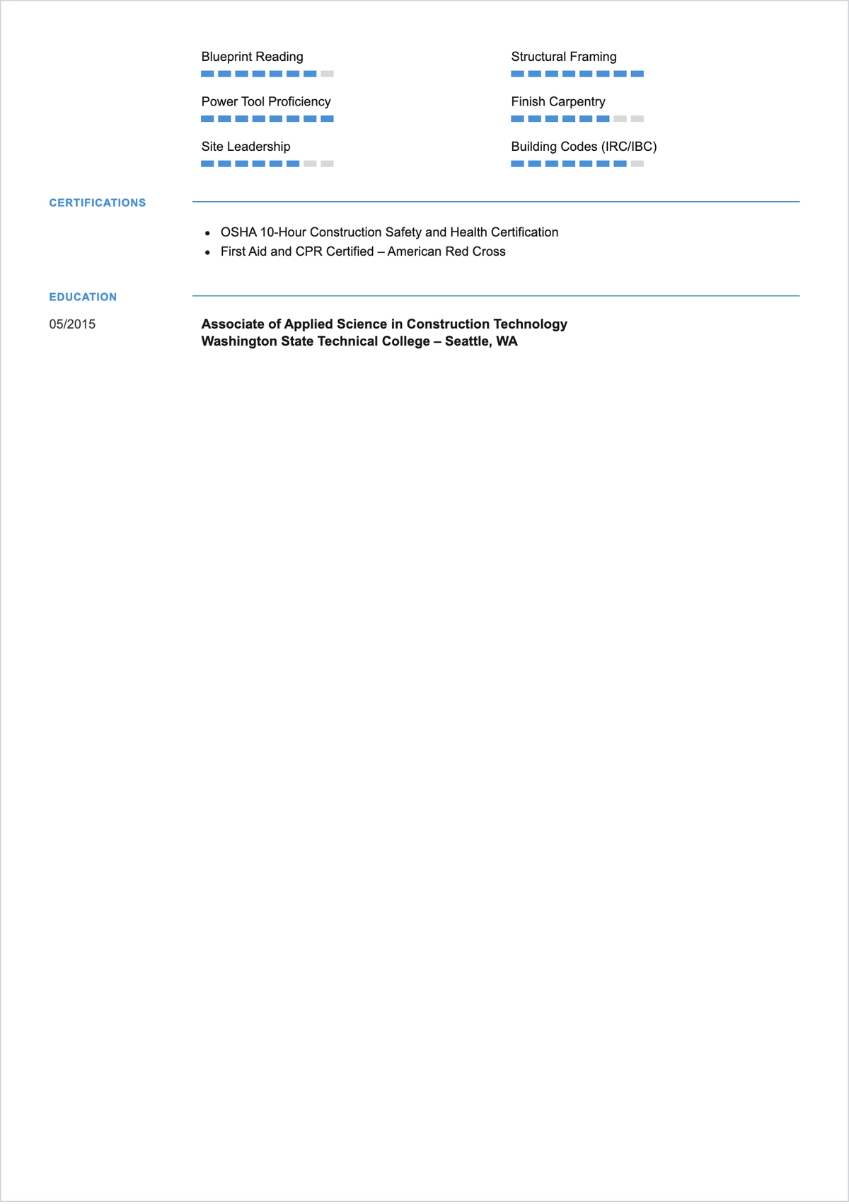 Free Carpenter Worker ATS Resume Template, AI Resume Builder