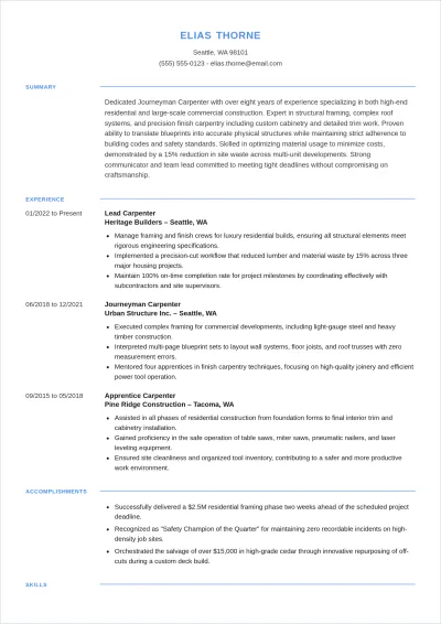 Free Carpenter Worker ATS Resume Template, AI Resume Builder