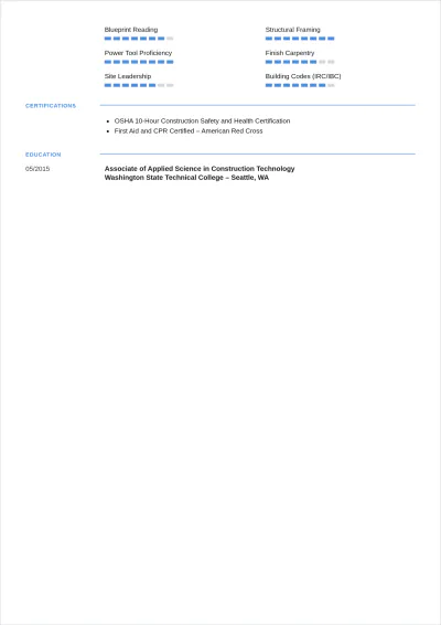Free Carpenter Worker ATS Resume Template, AI Resume Builder