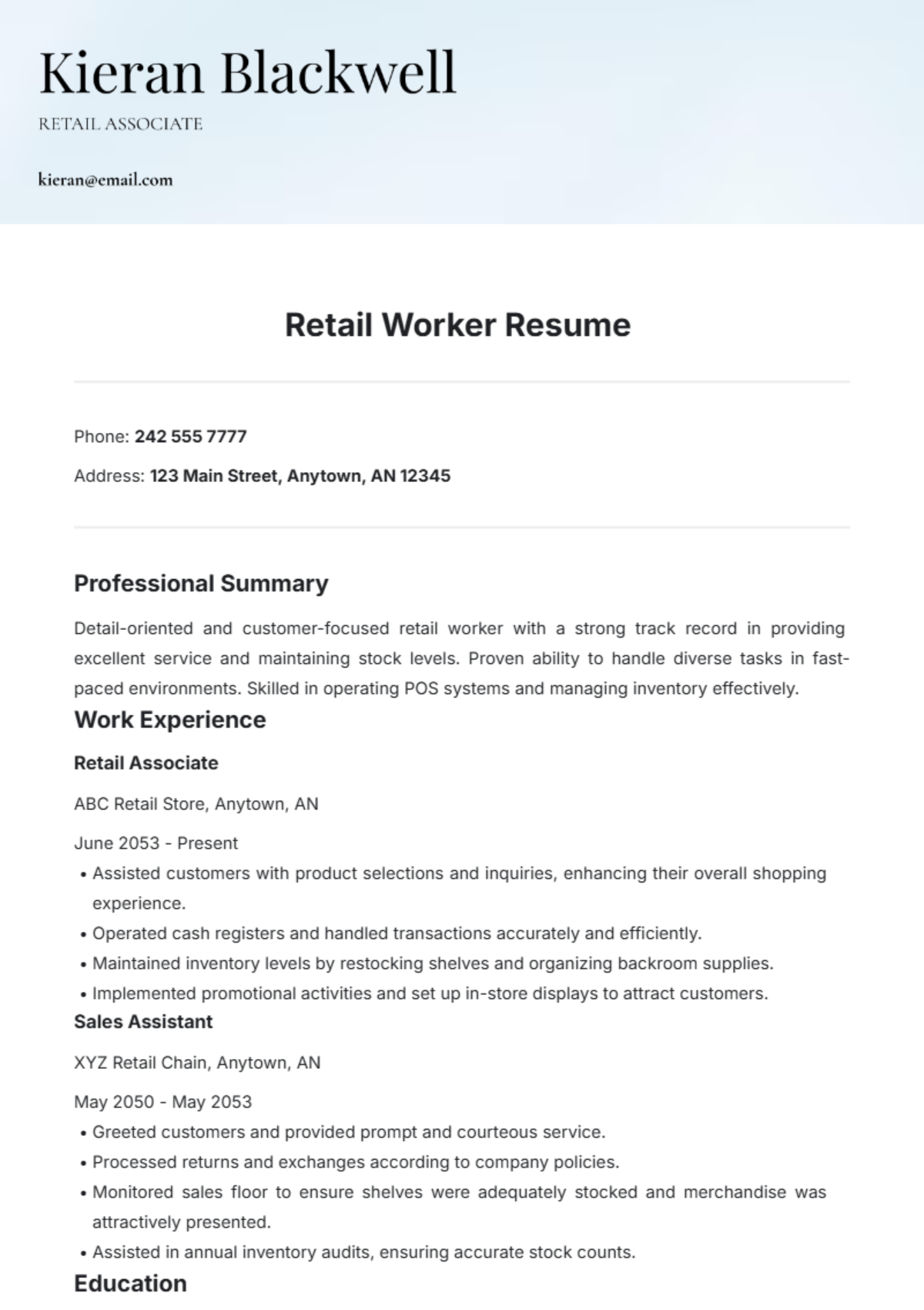 Retail Worker Resume Template - Edit Online & Download