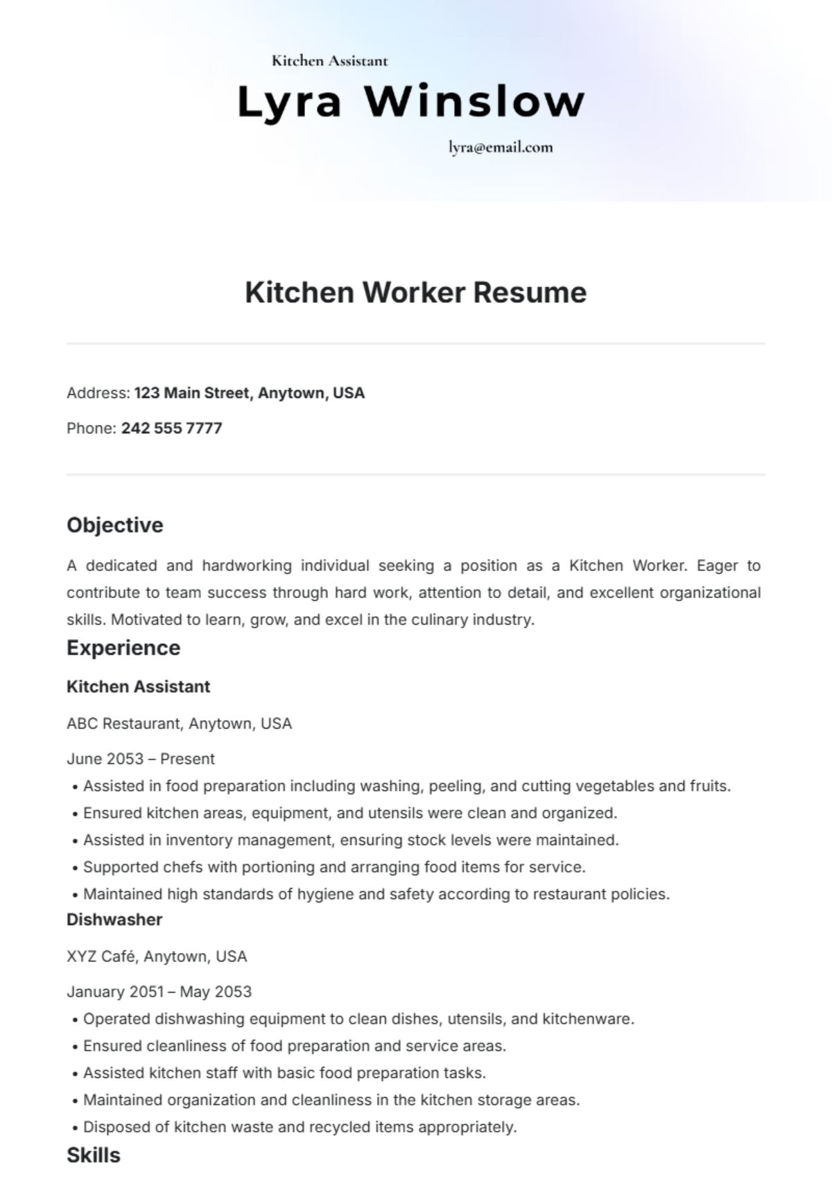 Kitchen Worker Resume Template - Edit Online & Download