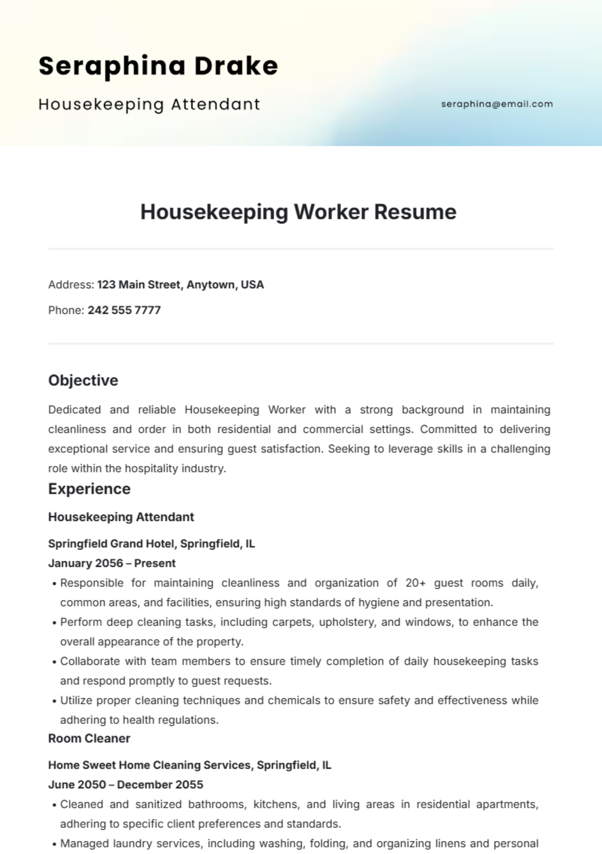 Housekeeping Worker Resume Template - Edit Online & Download