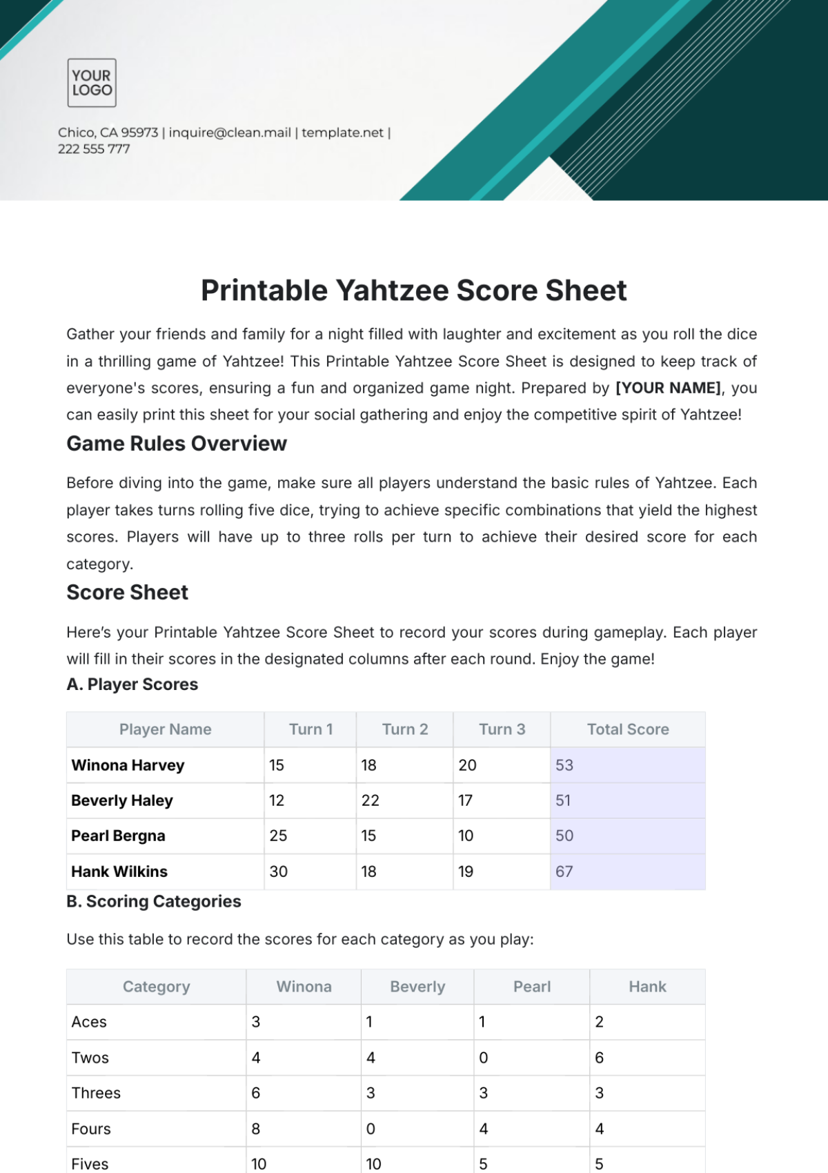 Printable Yahtzee Score Sheet Template