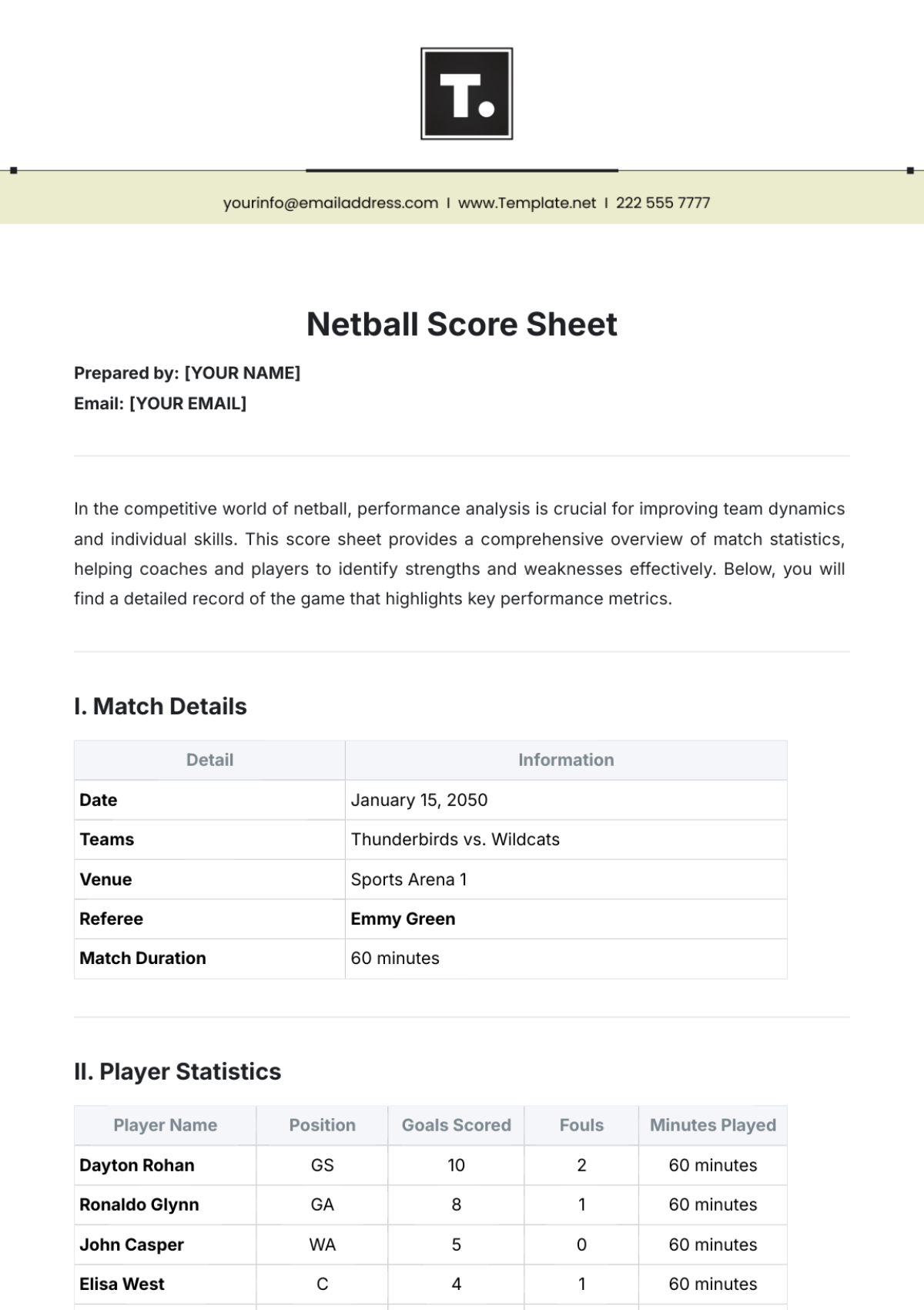 Netball Score Sheet Template