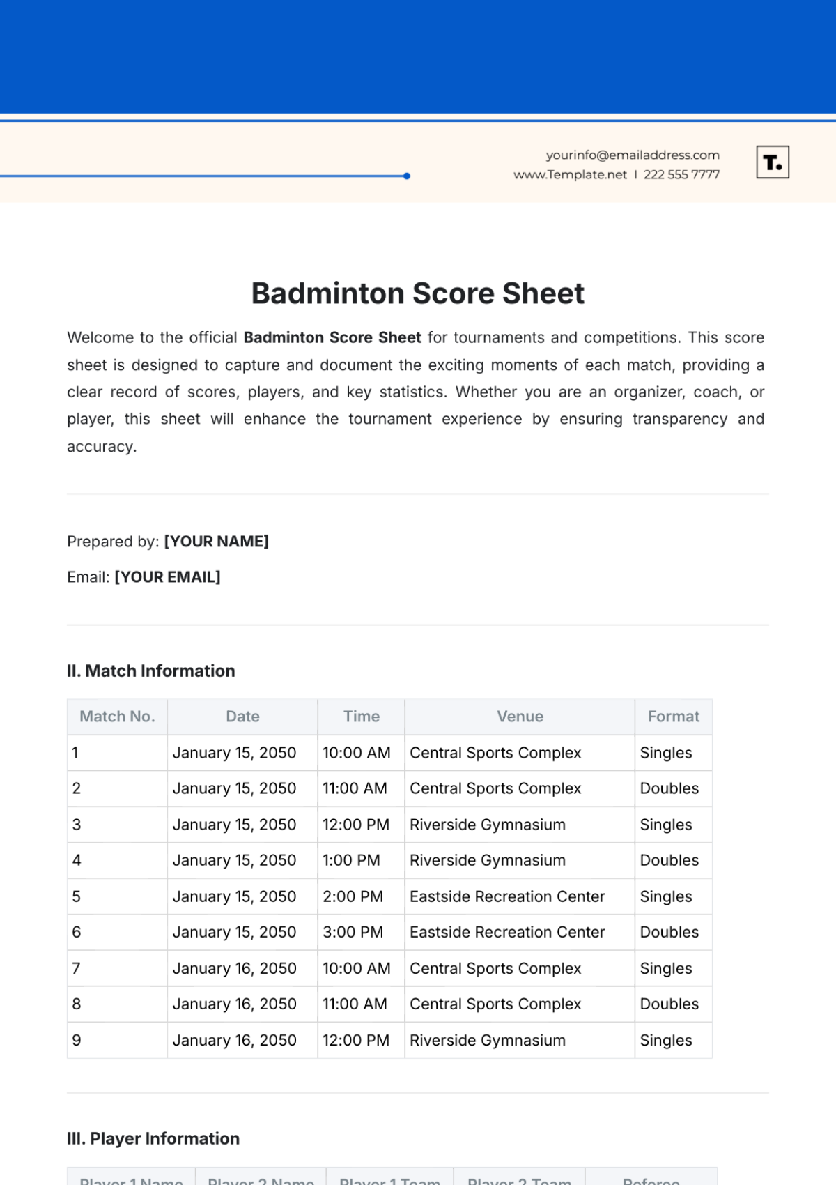 Badminton Score Sheet Template