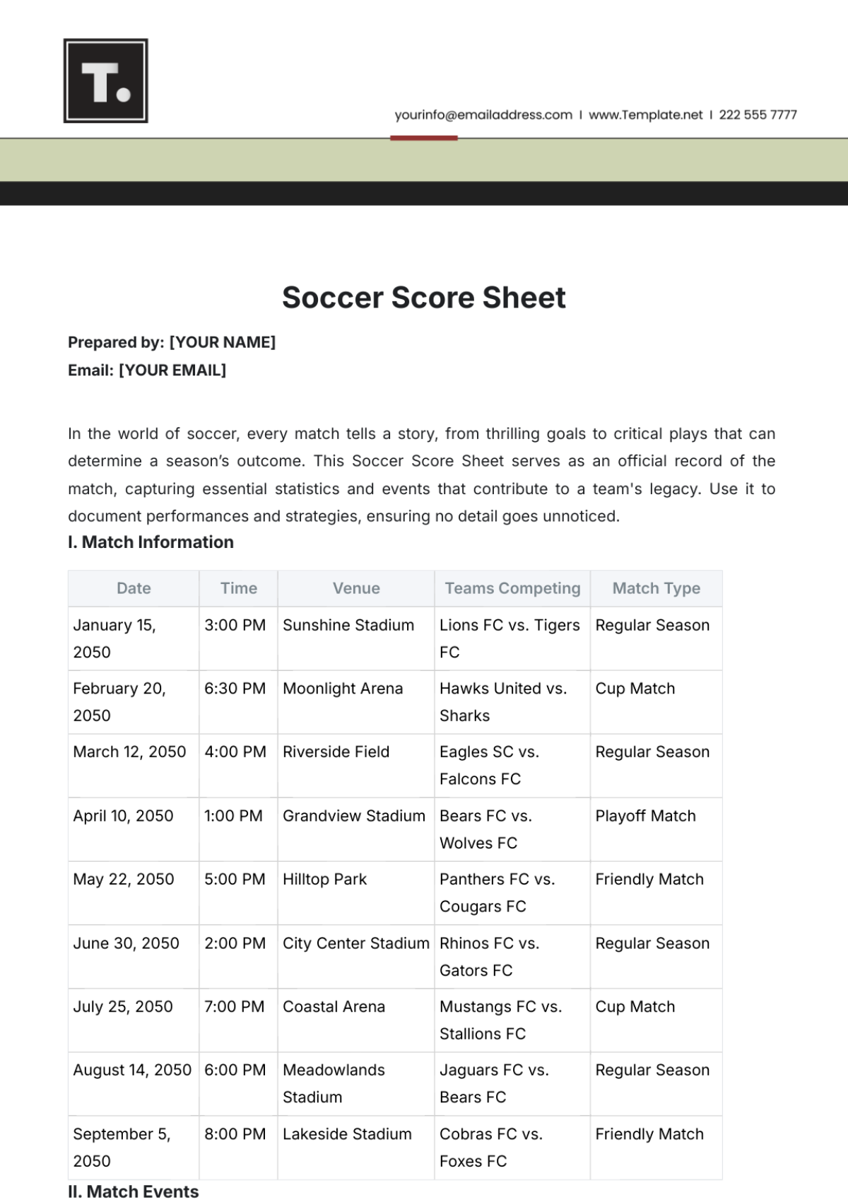 Soccer Score Sheet Template