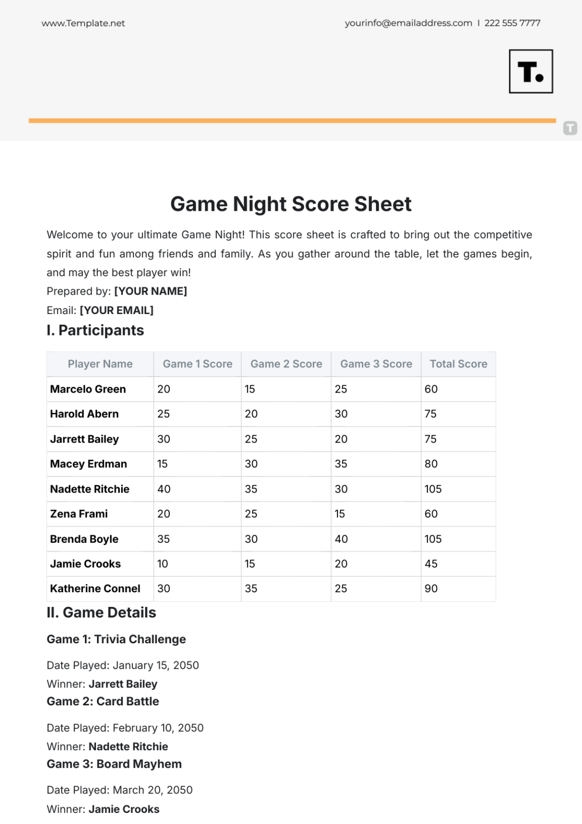 Game Night Score Sheet Template