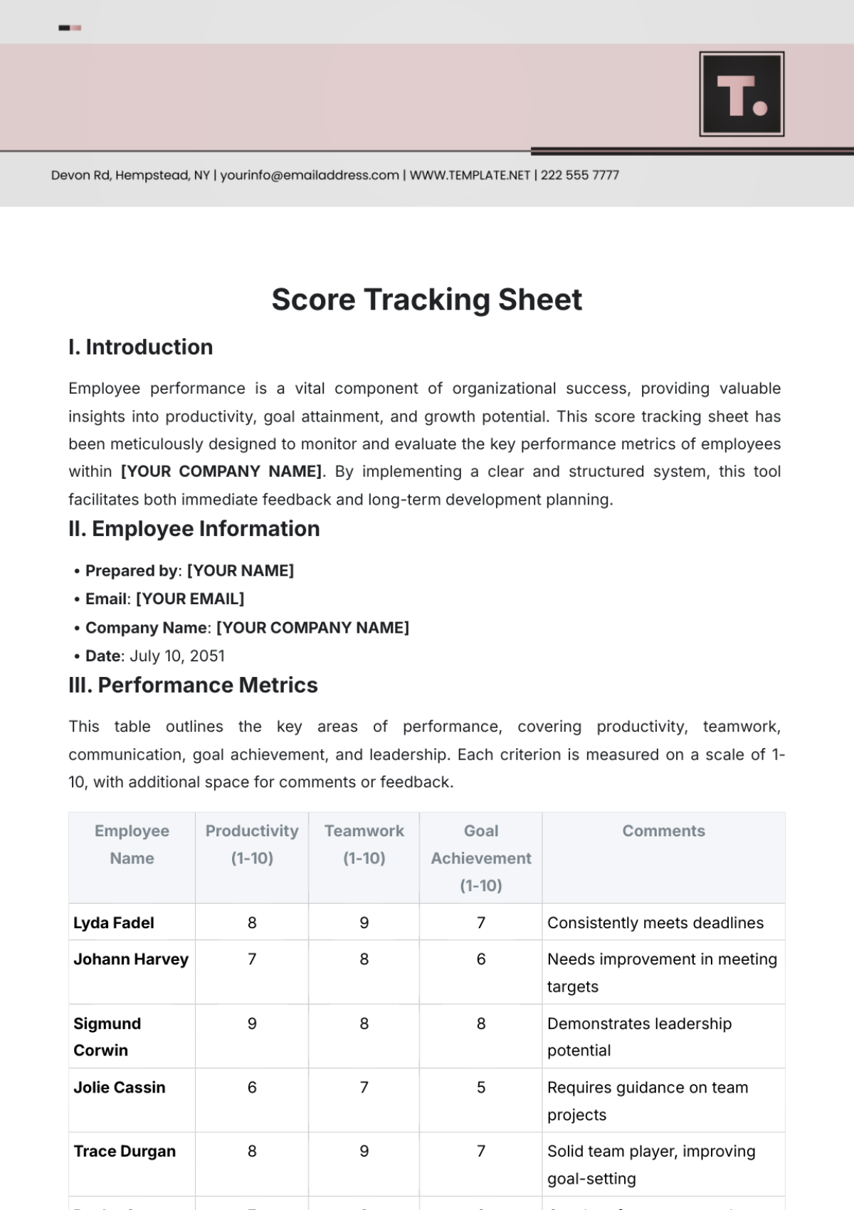 Score Tracking Sheet Template