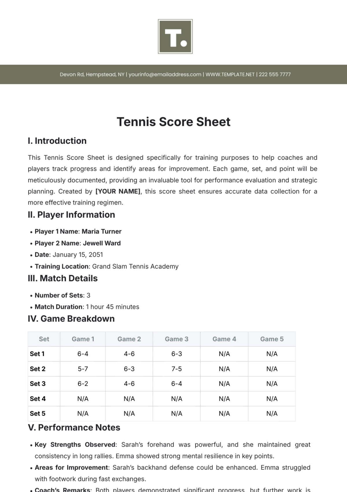 Tennis Score Sheet Template