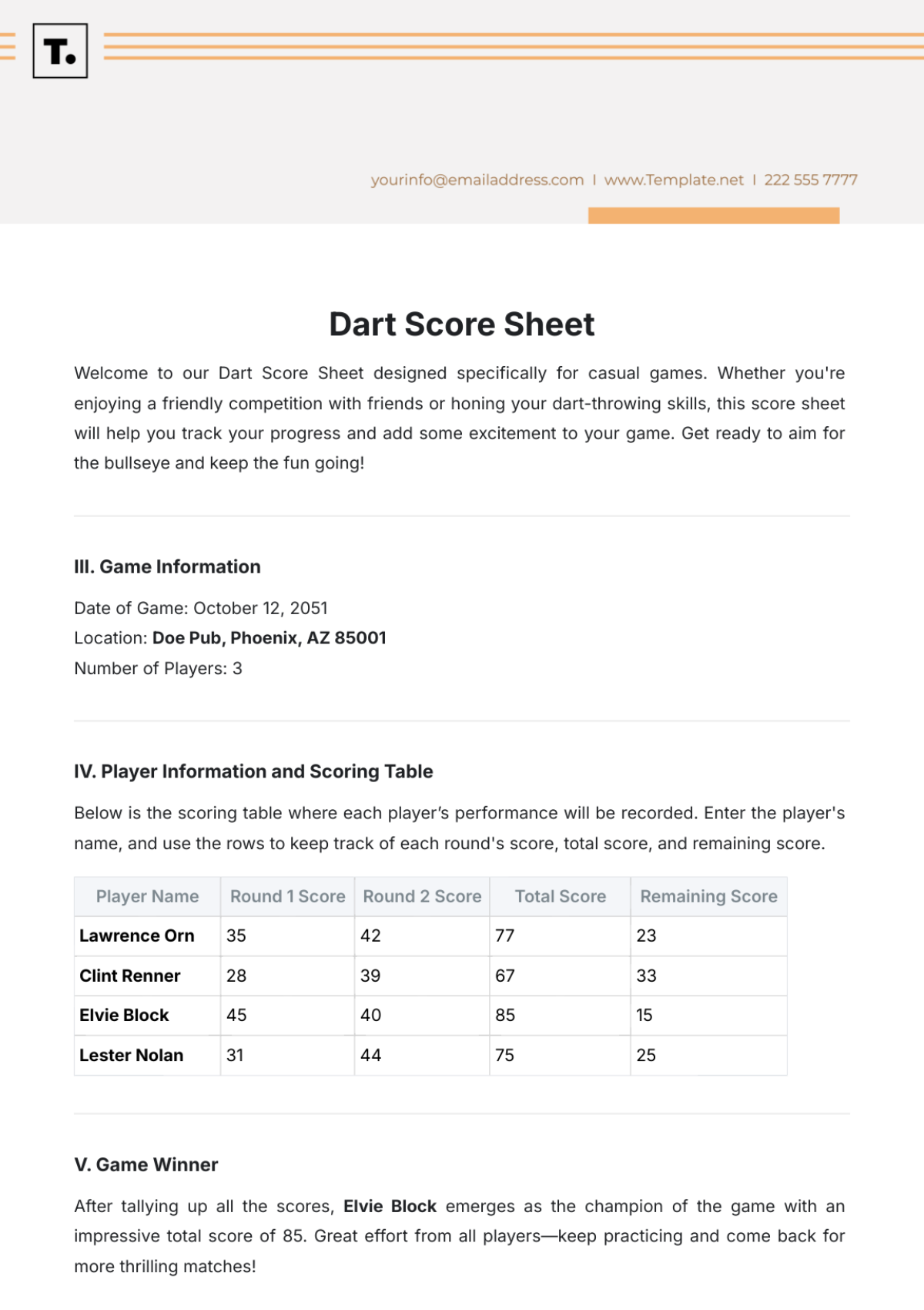 Dart Score Sheet Template