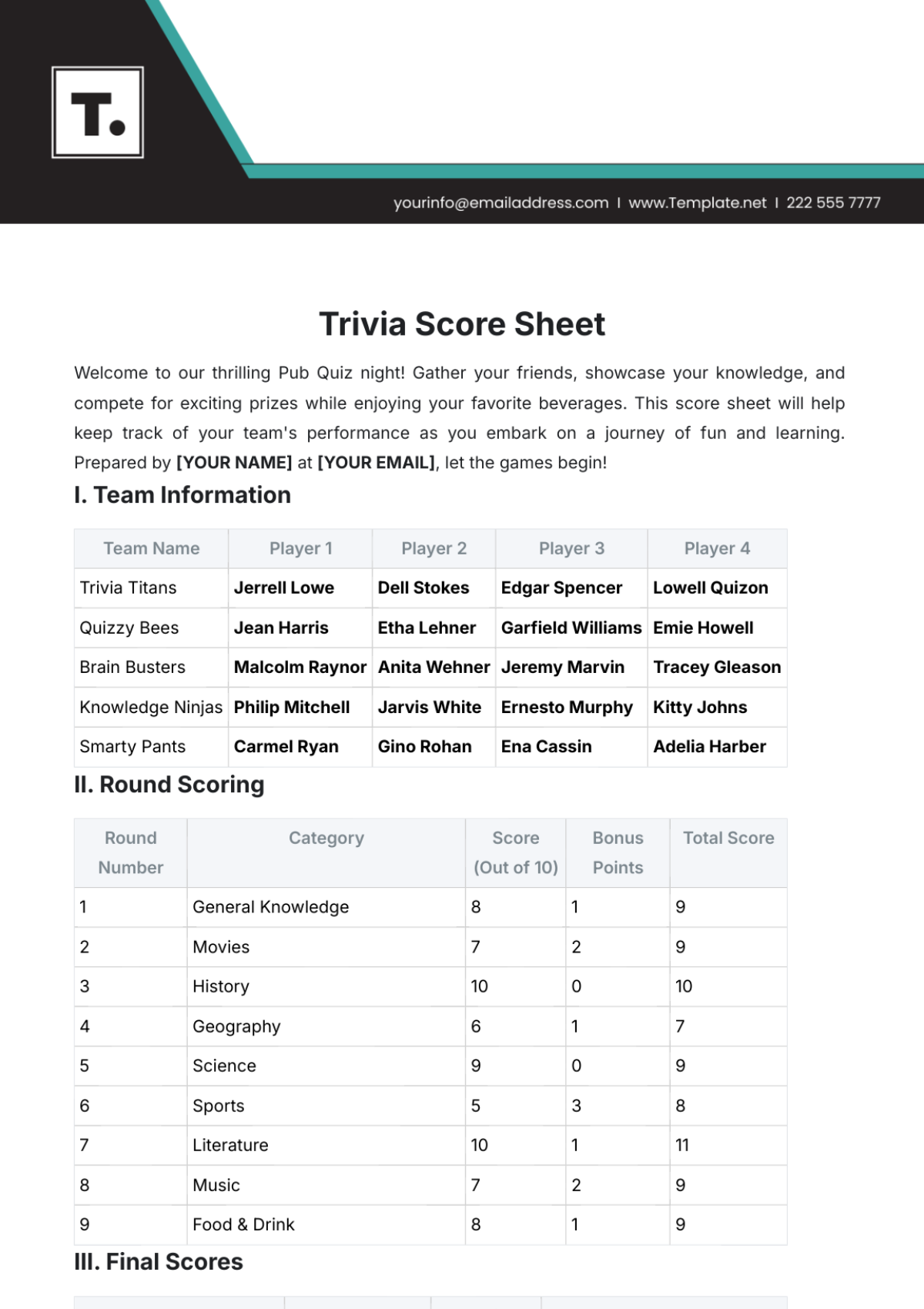 Trivia Score Sheet Template