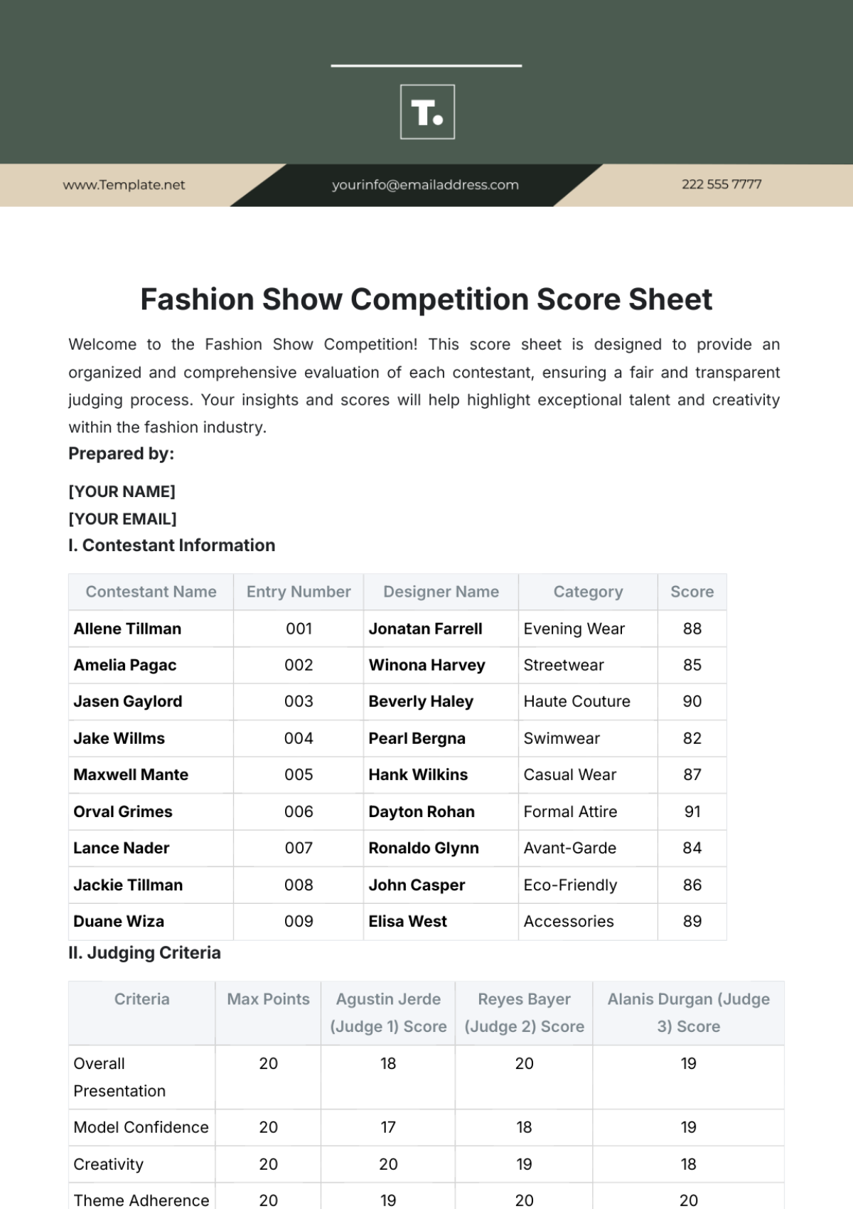 Fashion Show Competition Score Sheet Template