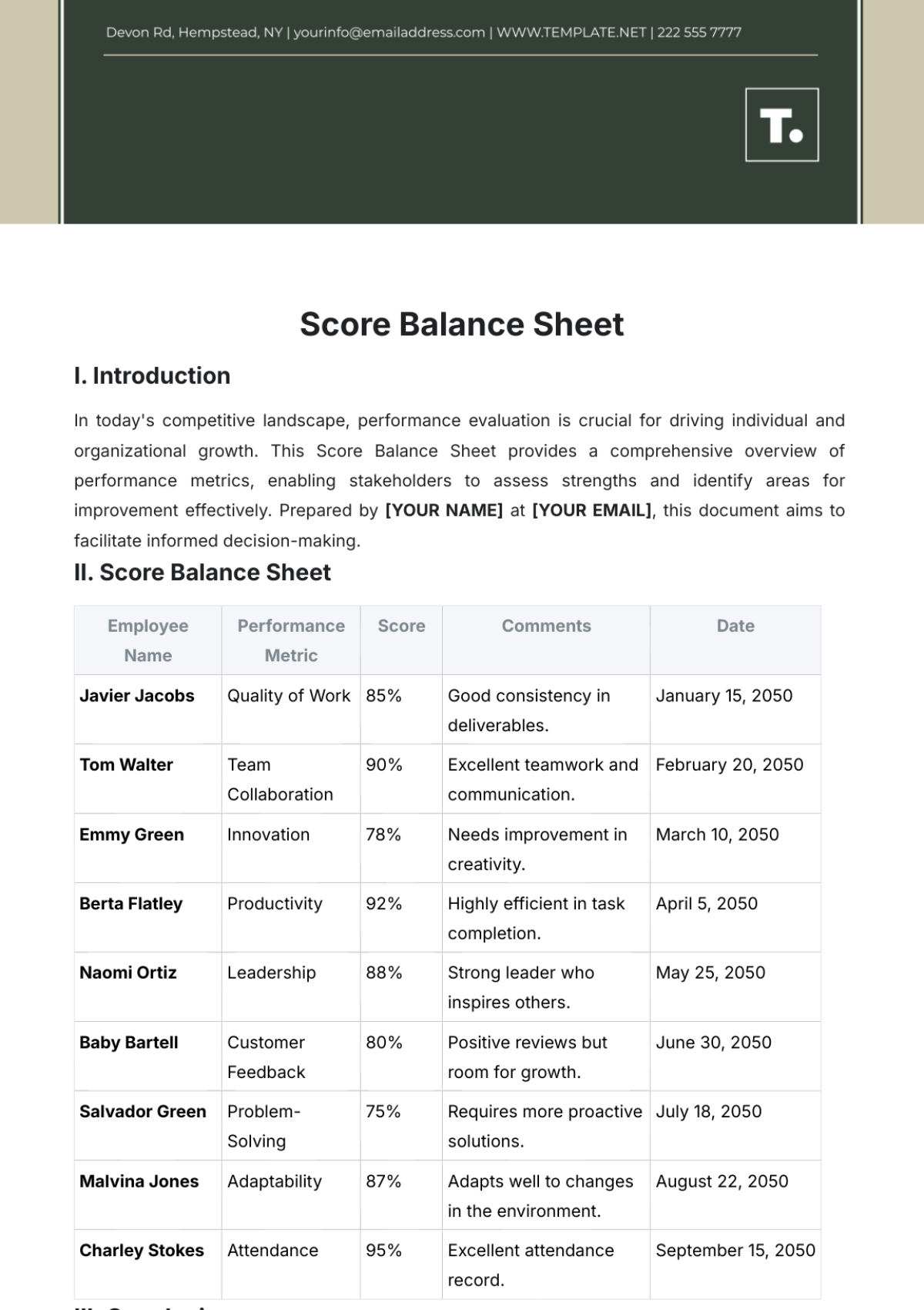 Score Balance Sheet Template